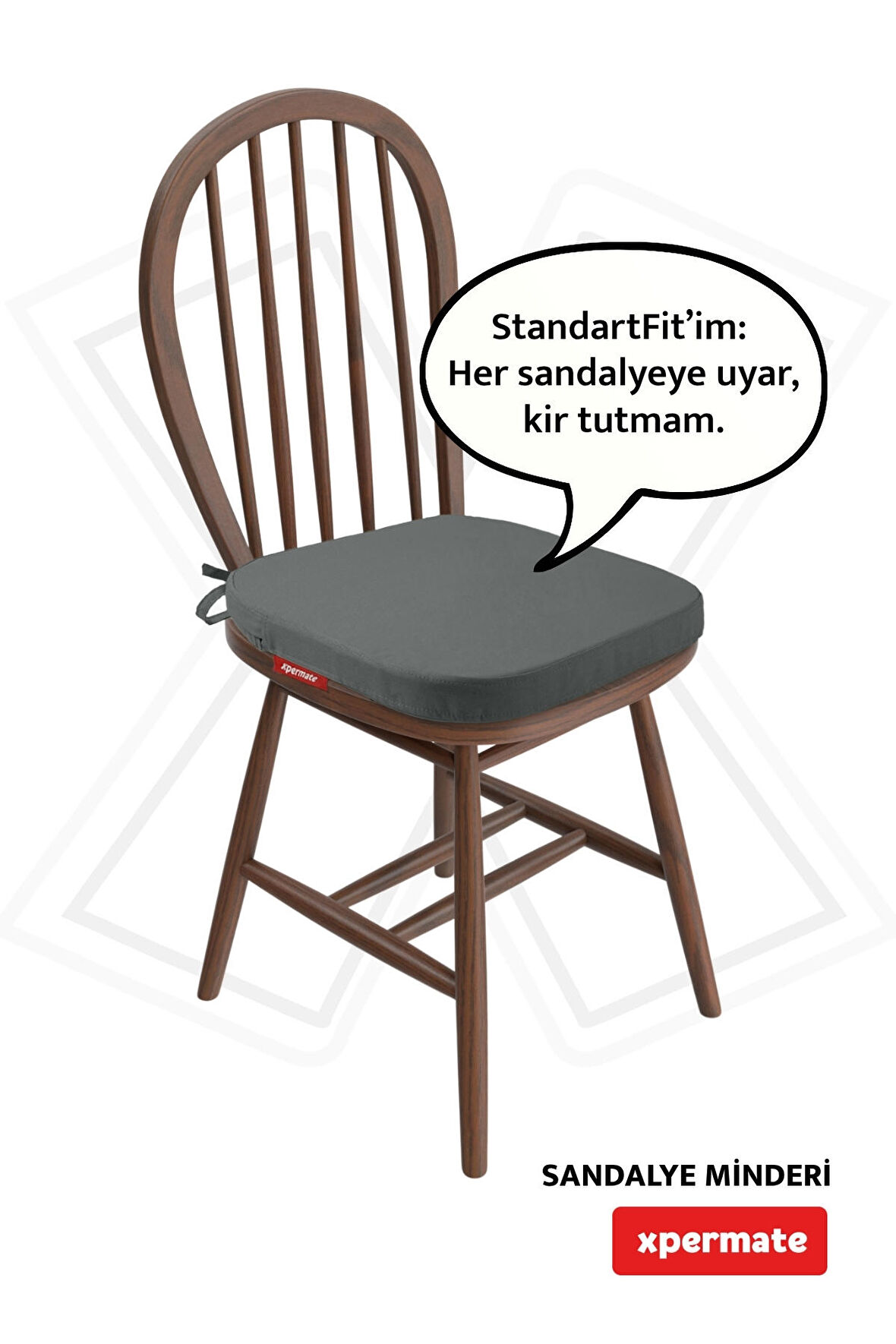 XPERMATE StandartFit Oval Sandalye Minderi Fermuarlı Yıkanabilir Kılıf Bağcıklı Su ve Yağ İtici 42x42x5 Antrasit