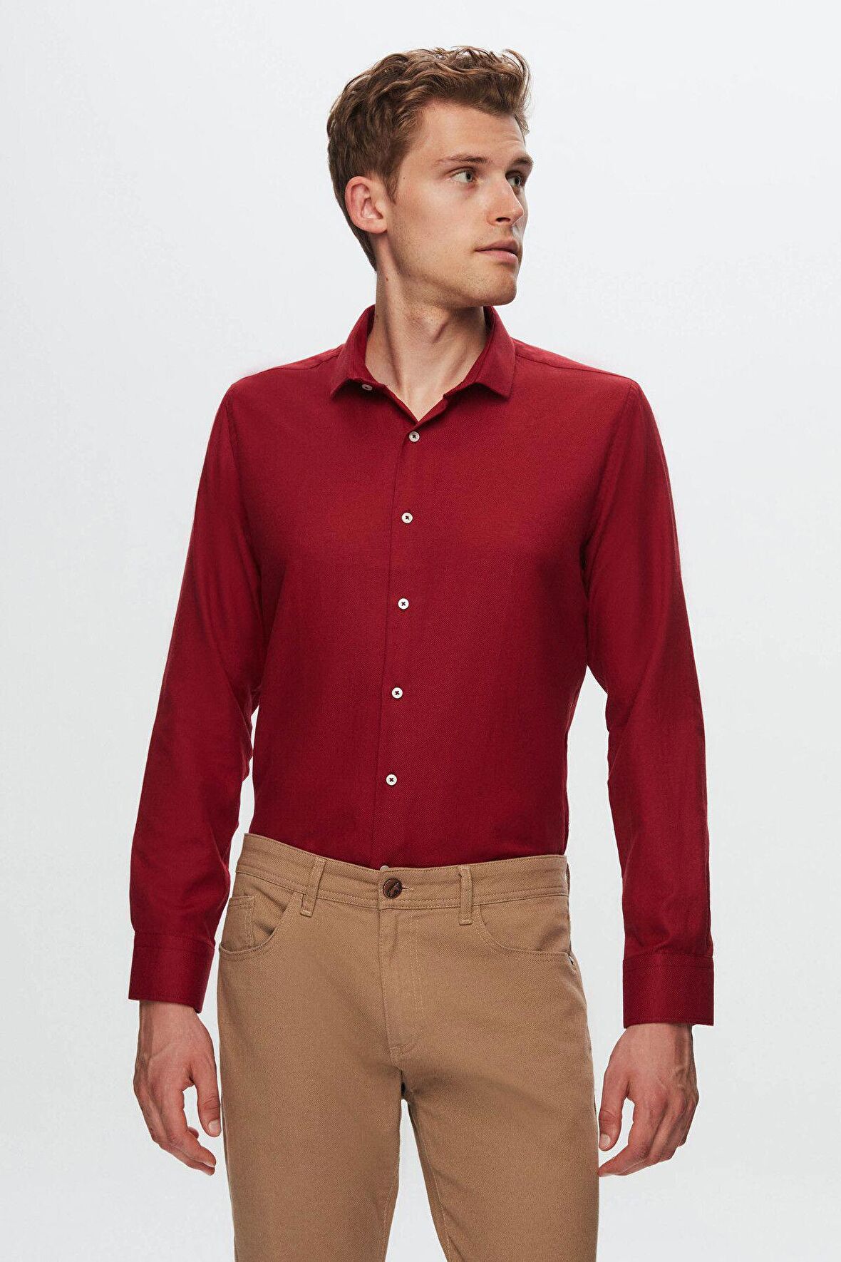Ds Damat Slim Fit Bordo Armürlü Yarım İtalyan Yaka Pamuklu Gömlek 8HC02ORT13288 8HC02ORT13288