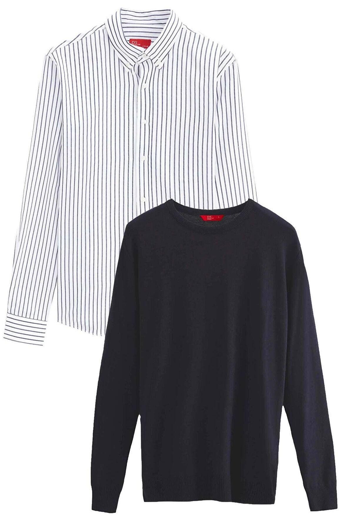 Ds Damat Slim Fit Lacivert Pamuk Karışımlı 2'Li Bisiklet Yaka Gömlek Ve Kazak 3HC06ORTKBN01