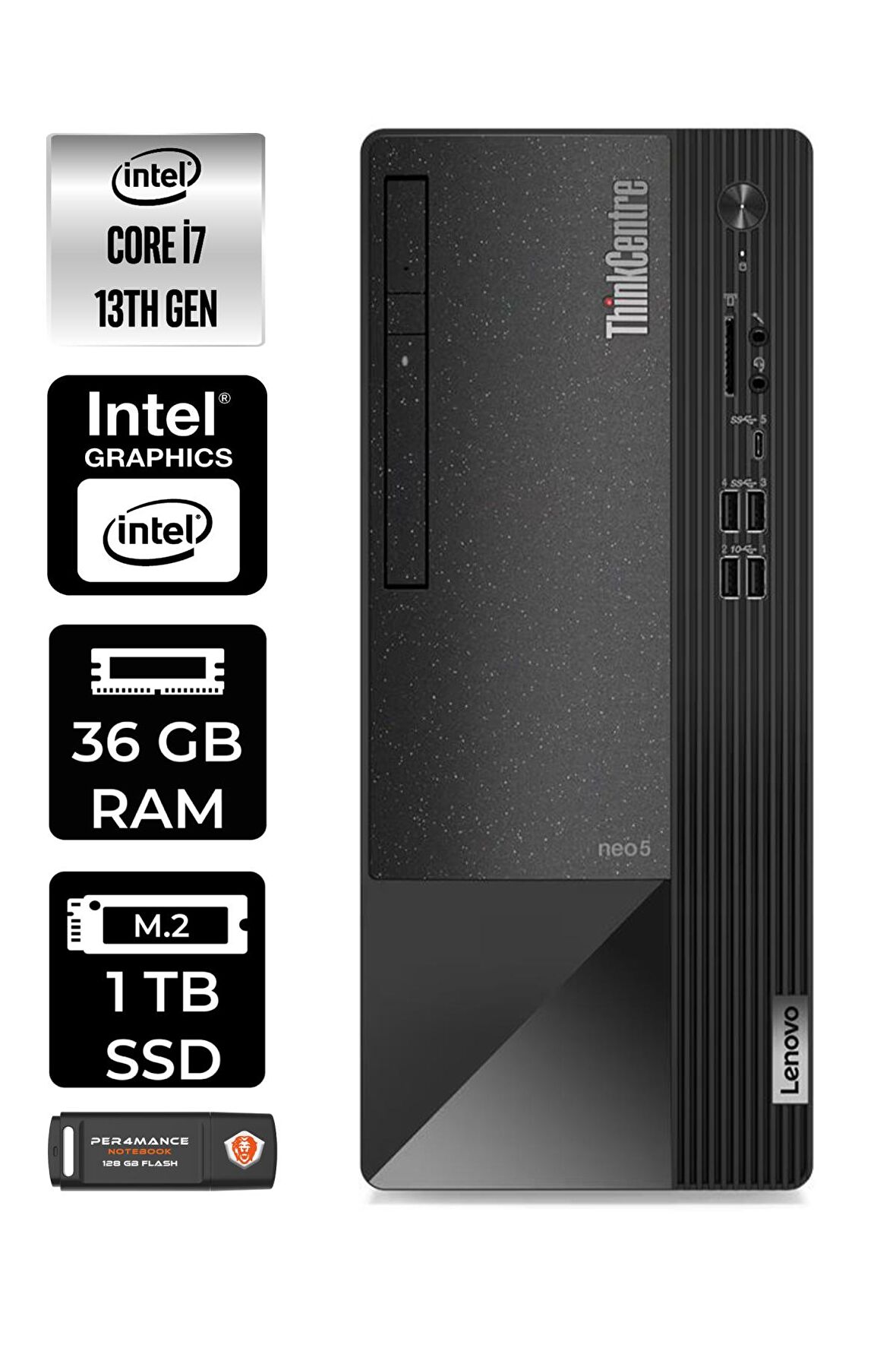 LENOVO ThinkCentre Neo 50T i7 13700 36GB RAM 1TB SSD FDOS 12JD0008TR MASAÜSTÜ PC & PER4 BELLEK