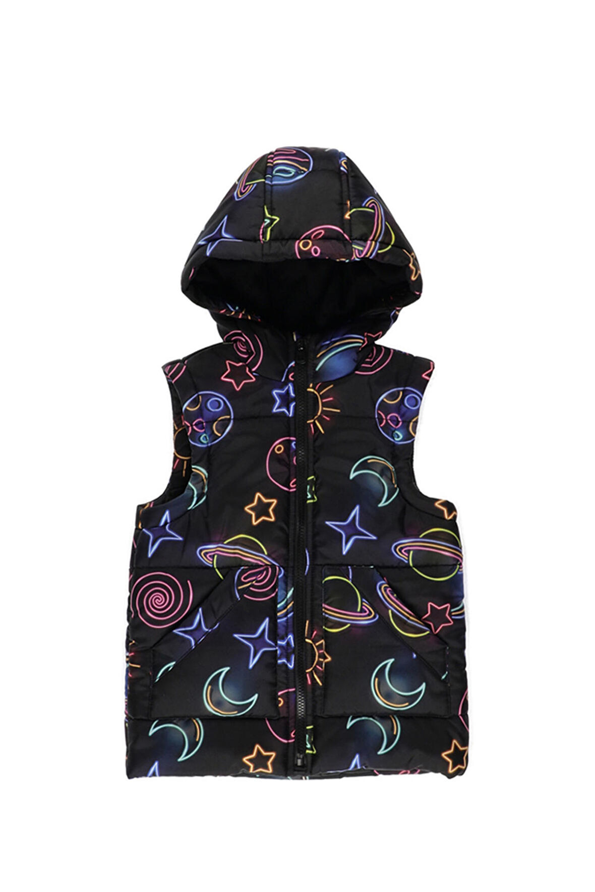 Panço Kız Çocuk Galaxy Baskılı Micro Yelek Siyah