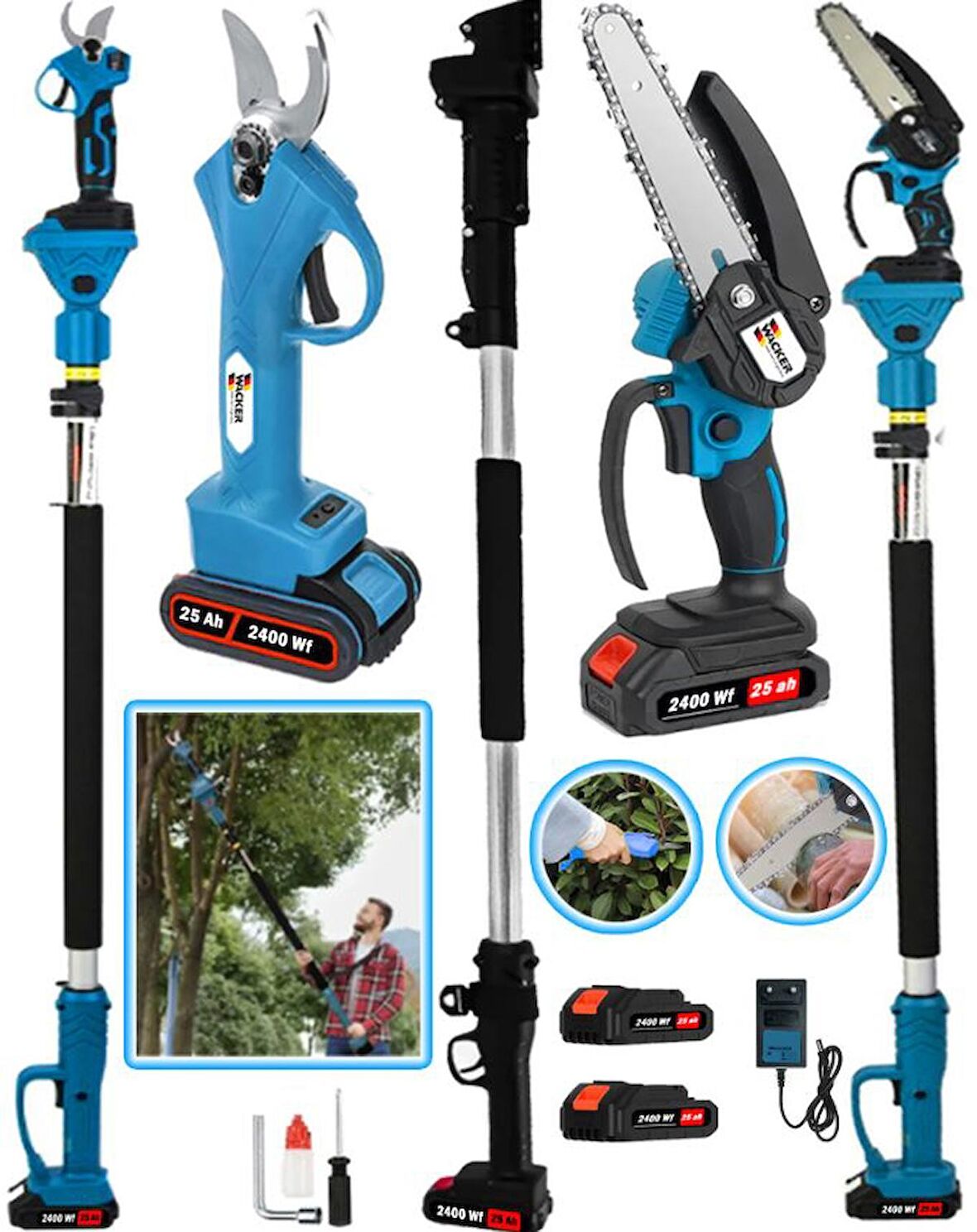 Wacker Germany 3 Lü Set Blue 2400 Wf 25 Ah Akülü Bağ Makası + Akülü Dal Budama + 2.7 Metre Teleskopik Uzatma Hediyeli