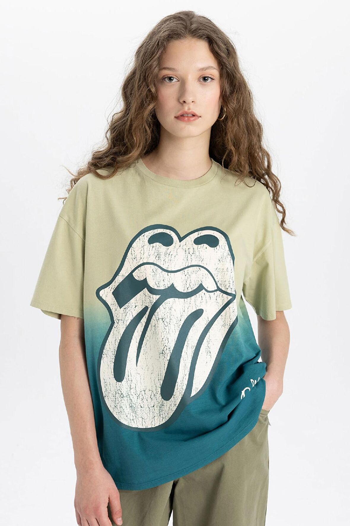 DeFacto Rolling Stones Oversize Geniş Kalıp Bisiklet Yaka Kısa Kollu Tişört C3770AX24SMKH447