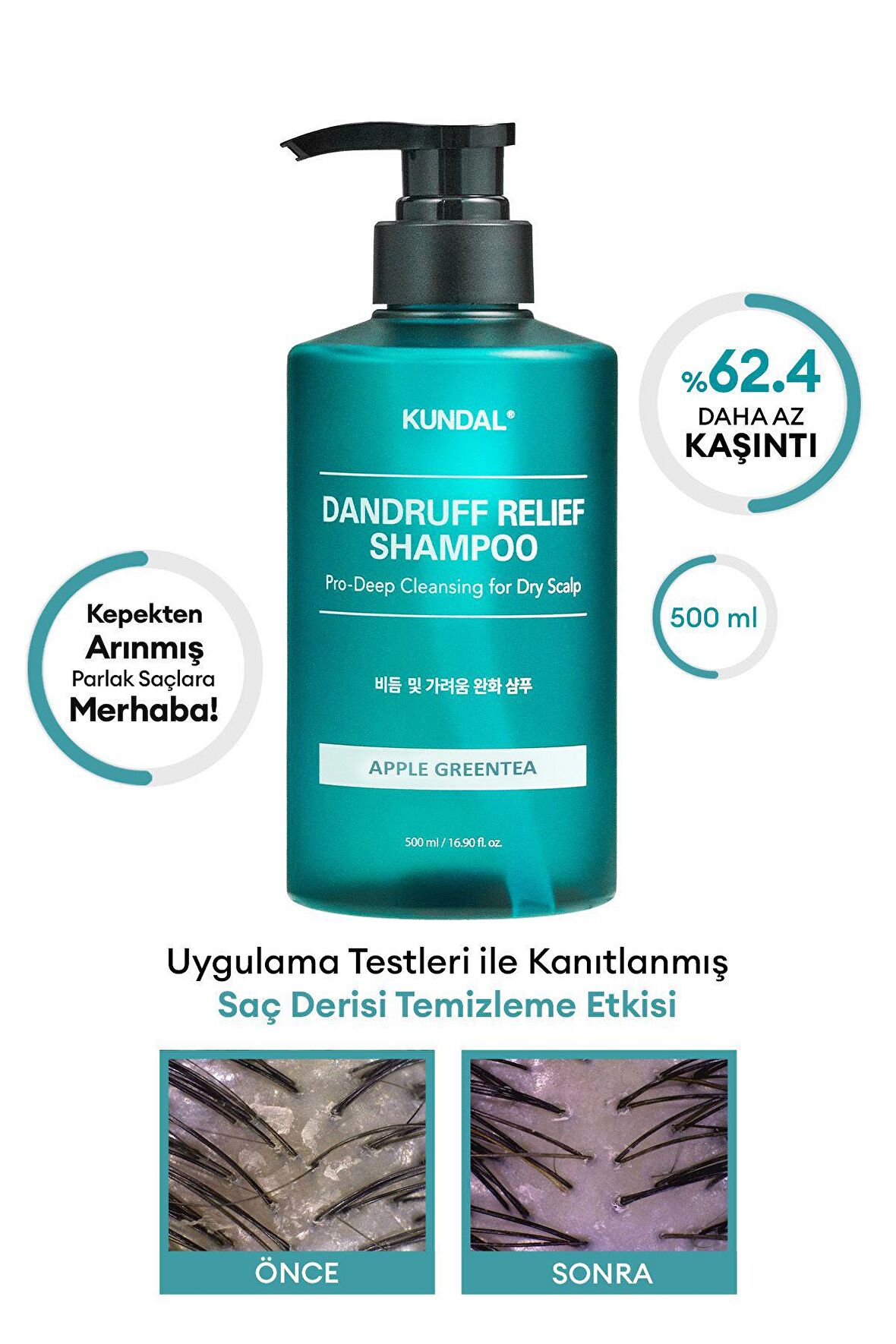 Kepek Karşıtı Bakım Şampuanı %68.5 Daha Az Kepek KUNDAL Dandruff Shampoo 500ml (Apple Green Tea)