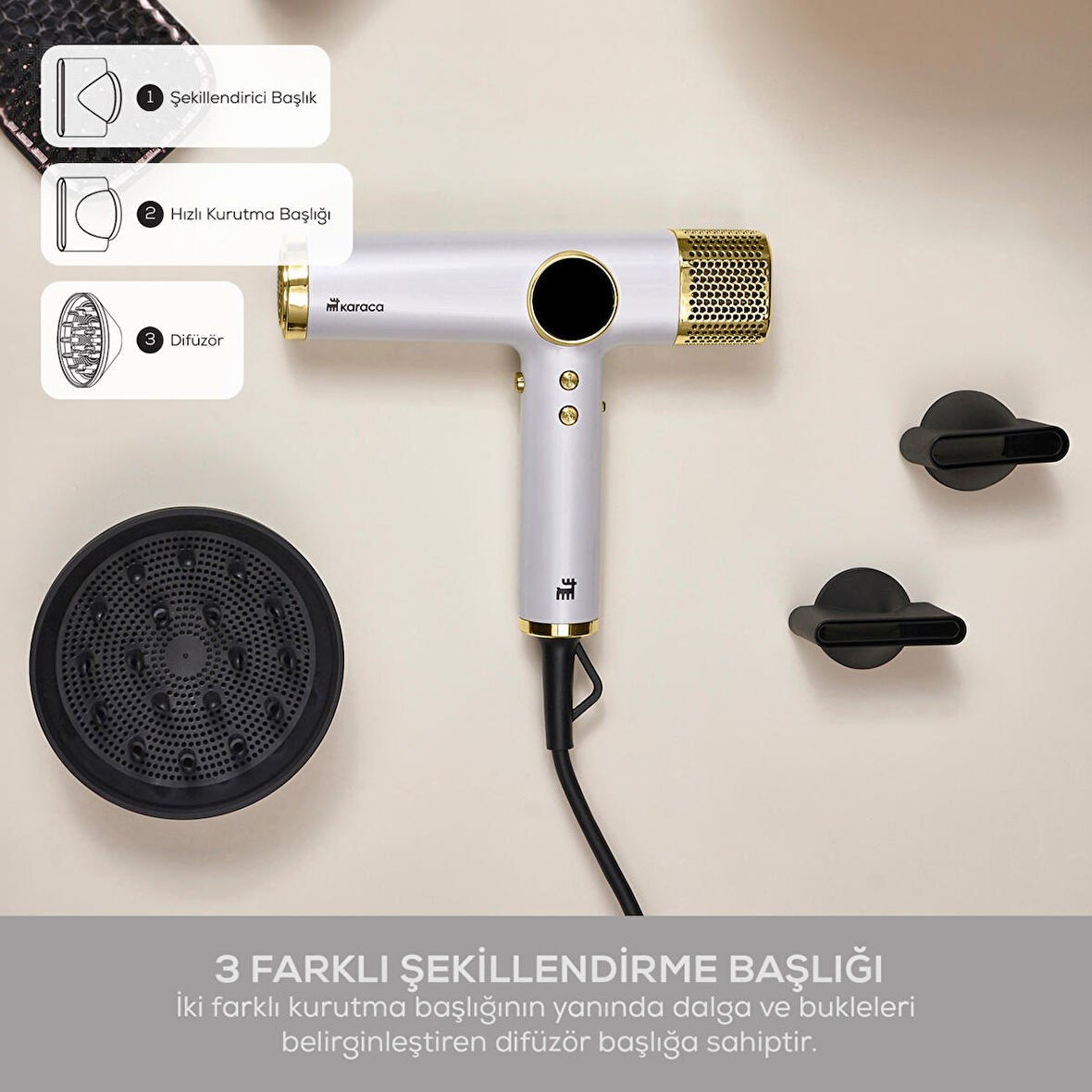 Karaca Hypersonic Saç Kurutma Makinesi D6 Water ION Beyaz Gold