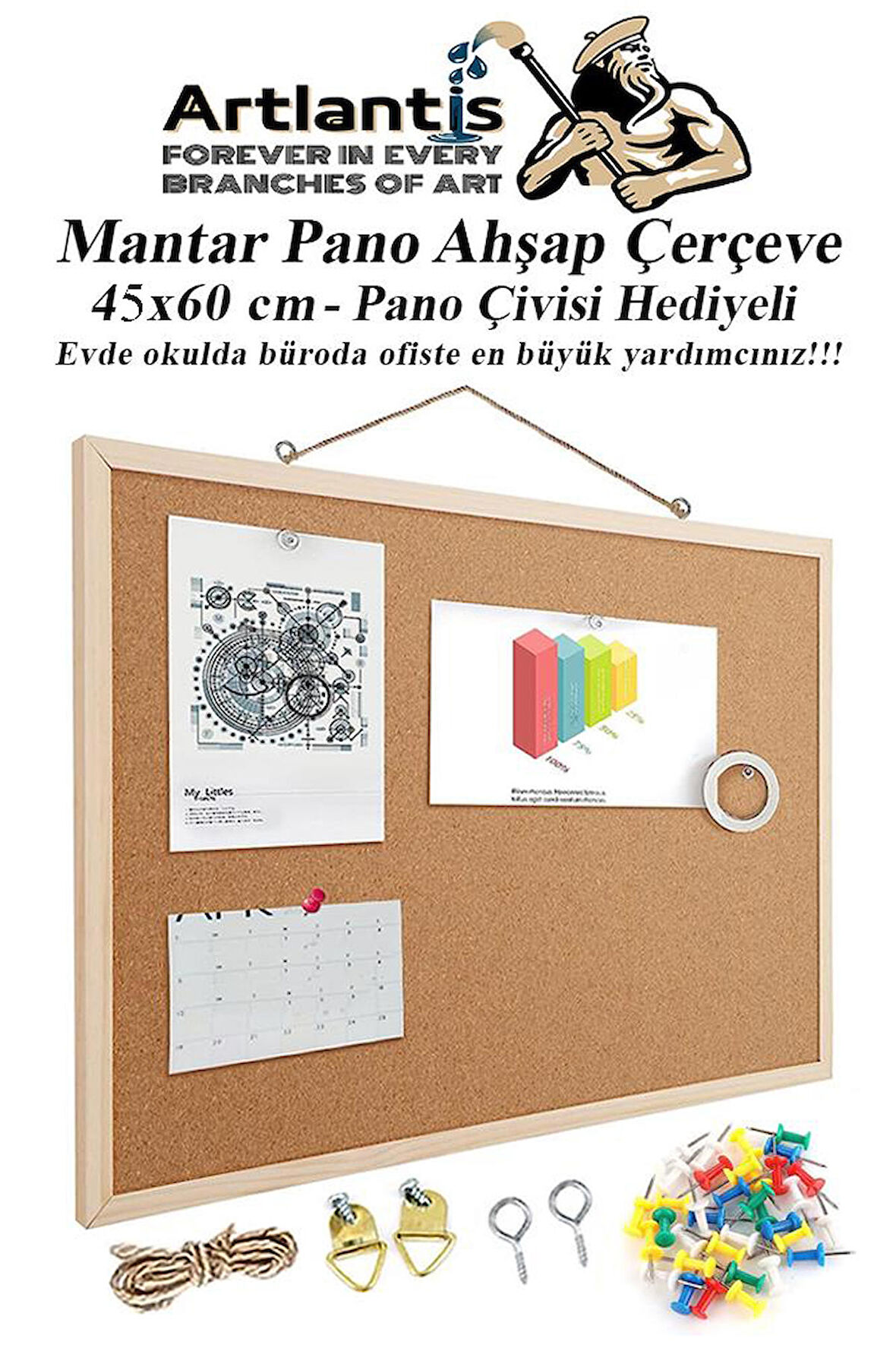 Mantar Pano Ahşap Çerçeve 45x60 cm 1 Adet Harita Çivisi Hediyeli Duvara Monte Mantar Çerçeve Evde Okulda Büroda Ofiste