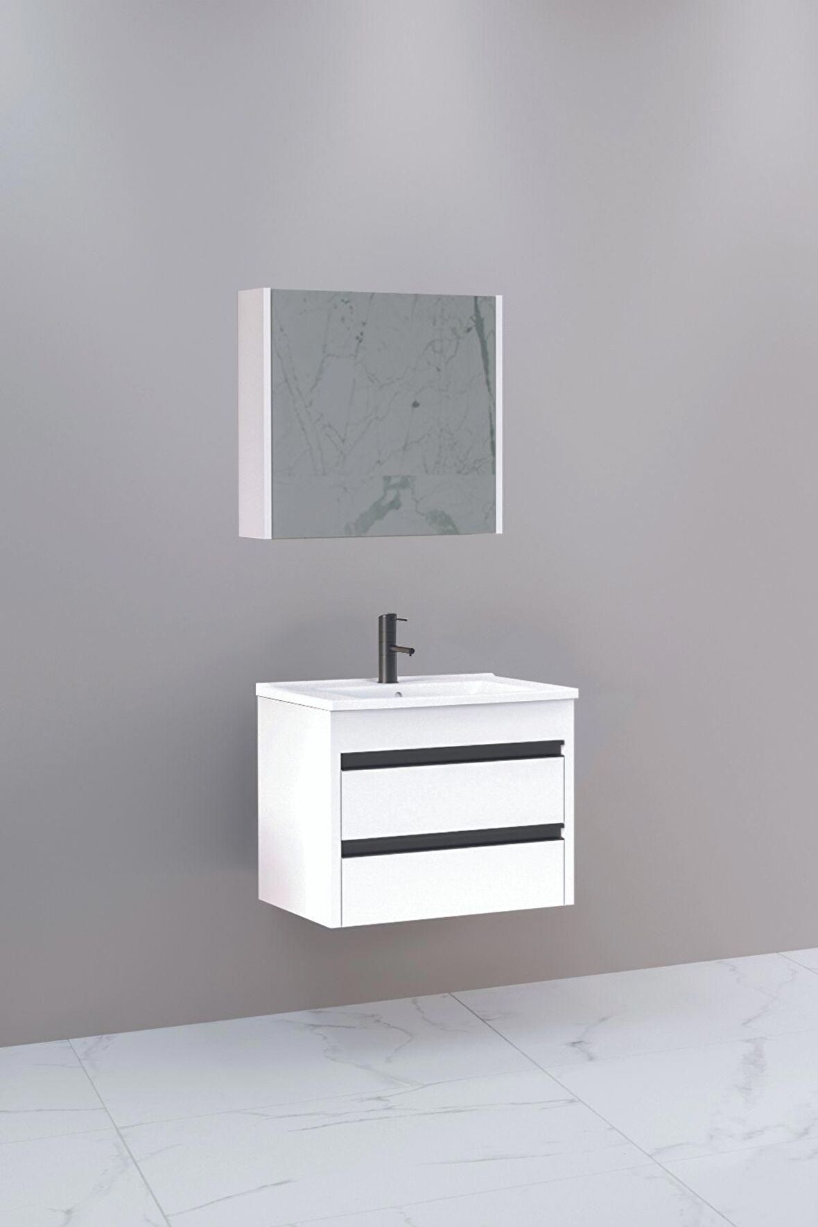 Levante 65 Cm Beyaz Lavabolu Banyo Dolabı Bgn Aynalı - Boy Dolap Hariç