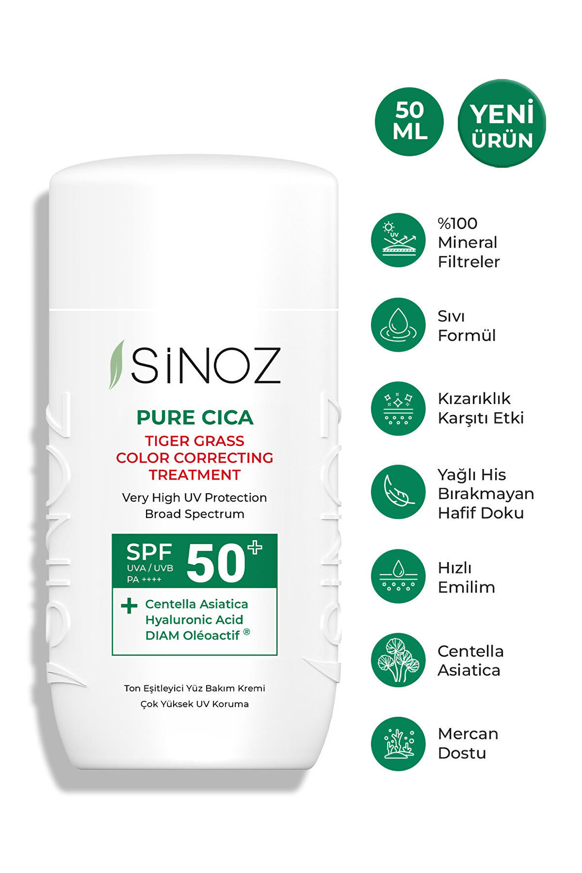 Sinoz Spf50 Pure Cica Anında Ton Eşitleyici Yüz Bakım Kremi - Yeni Nesil Mineral Güneş Filtresi