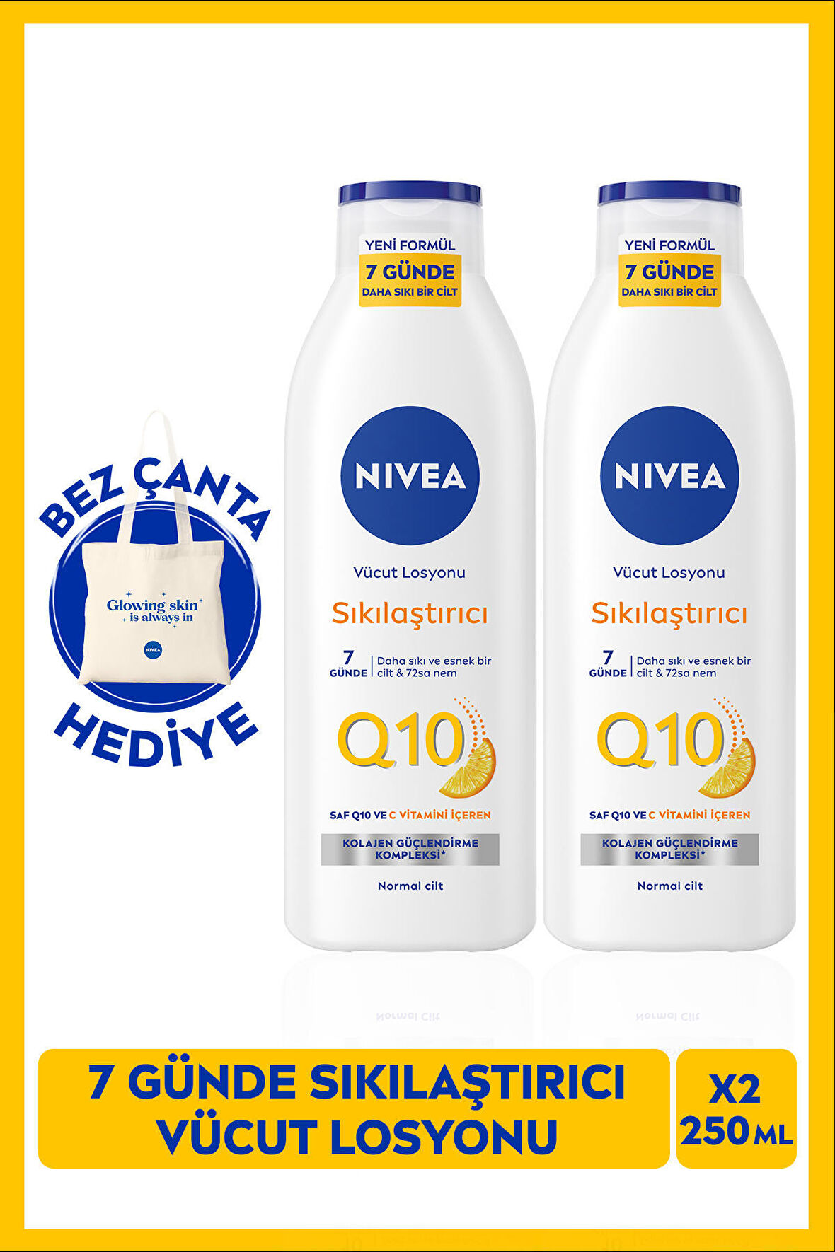 Nivea Q10 Sıkılaştırıcı Vücut Losyonu 250ml, C Vitamini, Nemlendirici, Esnek ve Elastik Cilt, X2Adet