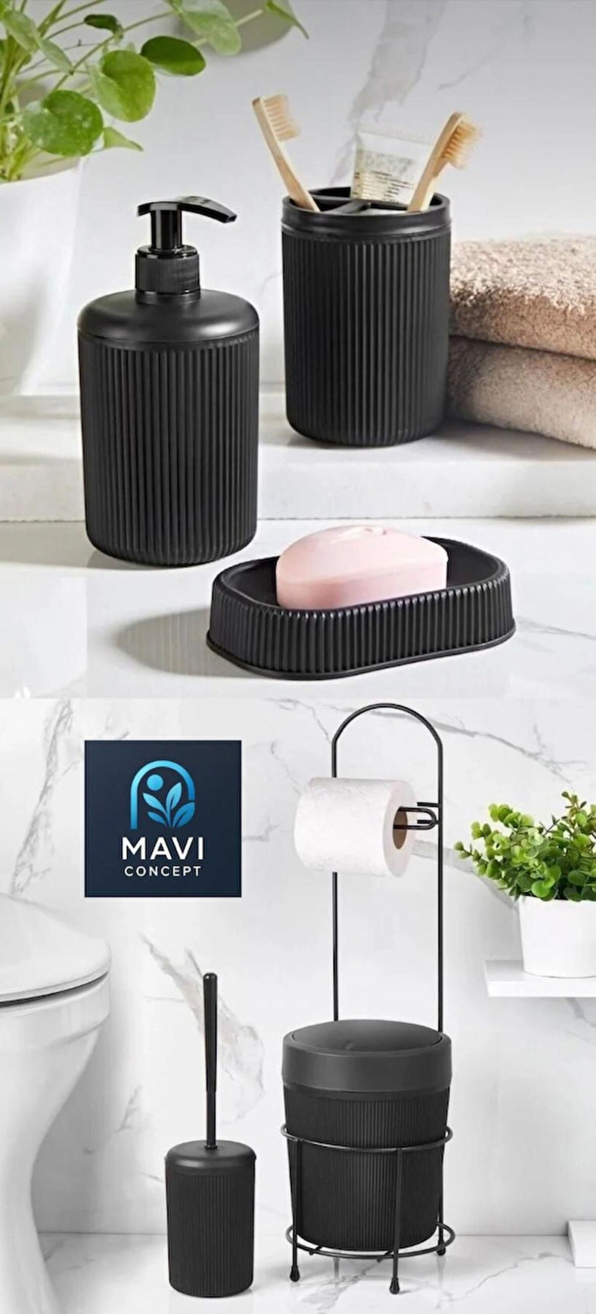 6 Parça Banyo Seti Çöp Kovalı Tuvalet Kağıtlığı-Tuvalet Fırçası-Sıvı ve Katı Sabunluk-Diş Fırçalık