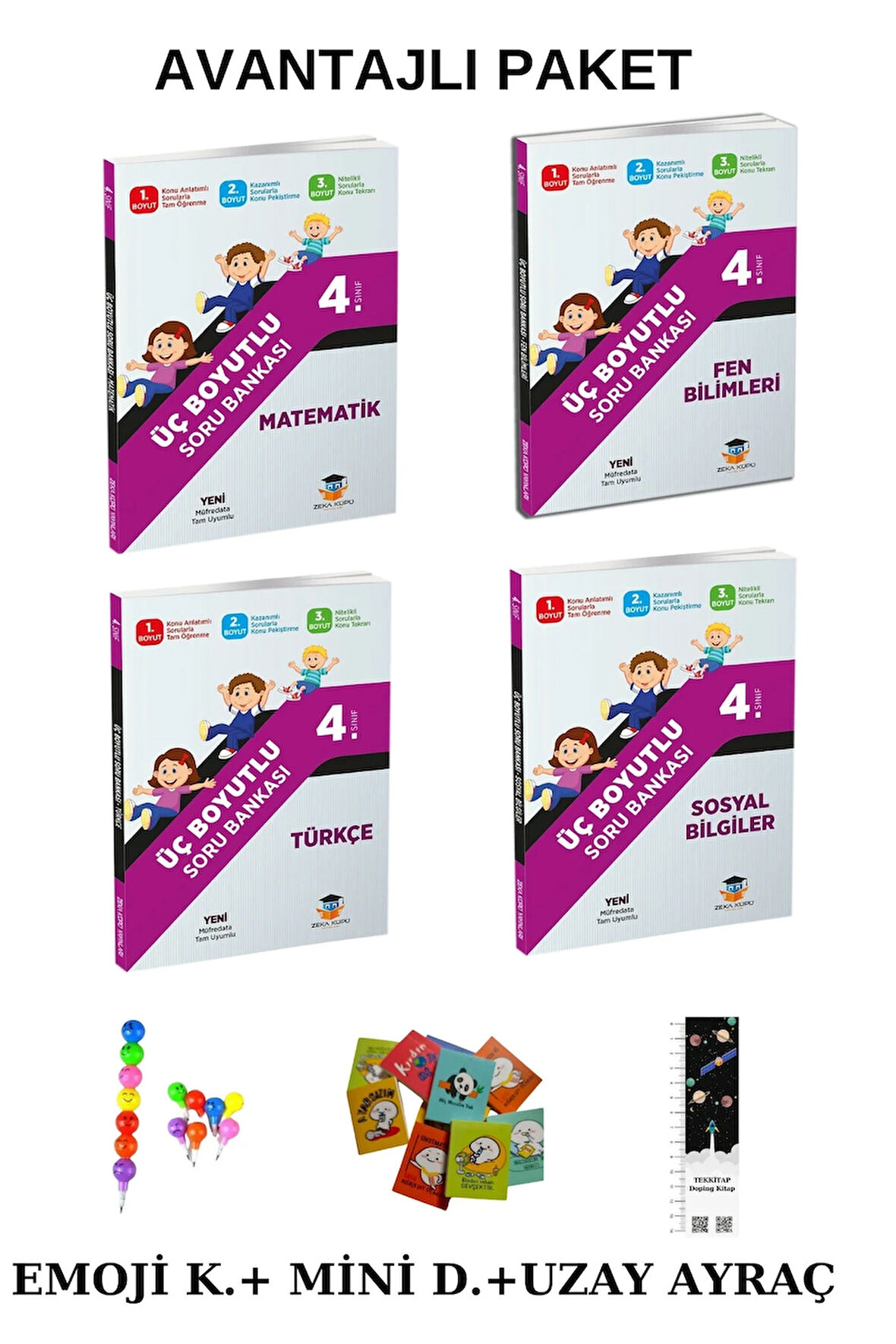 Zeka Küpü 4. Sınıf Üç Boyutlu Tüm Dersler Soru Bankası Seti (EMOJİ K. + MİNİ D. + UZAY A.)2025