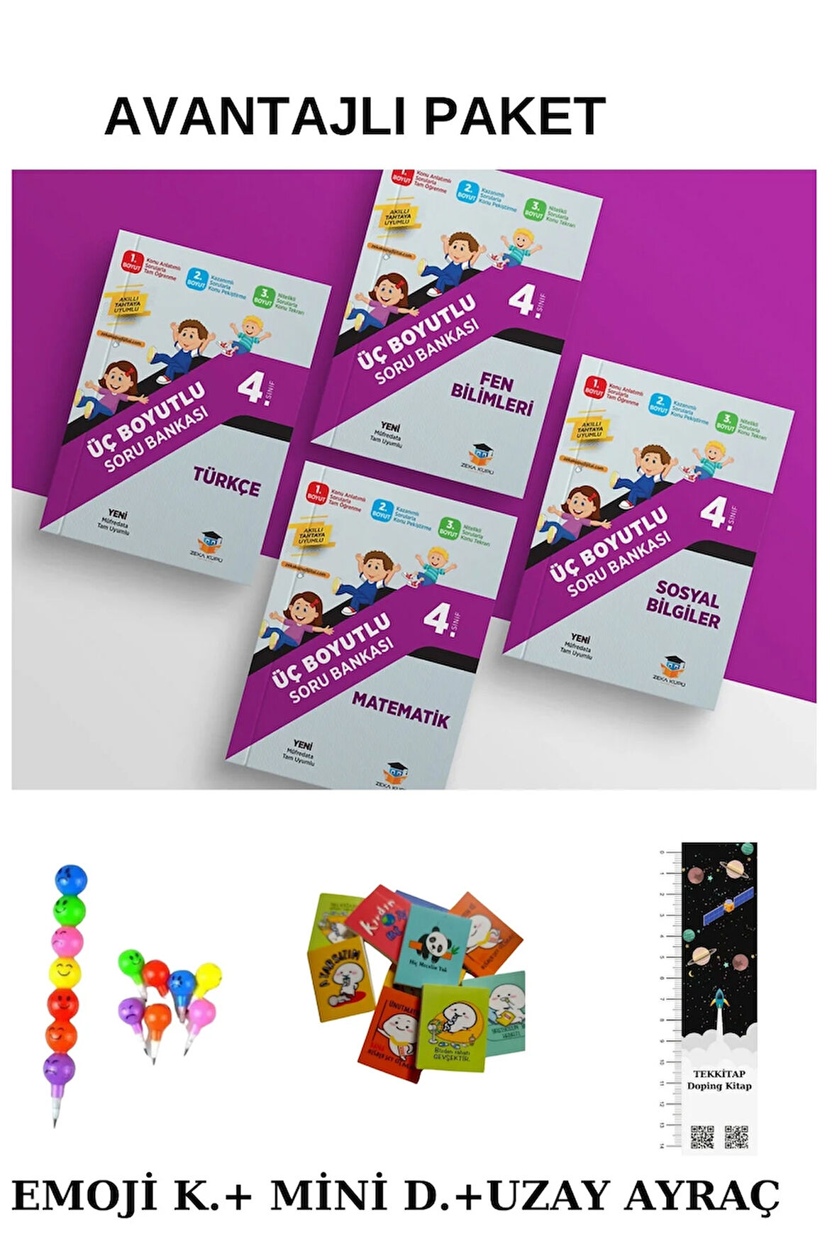 Zeka Küpü 4. Sınıf Üç Boyutlu Tüm Dersler Soru Bankası Seti 4KİTAP  (EMOJİ K. + MİNİ D. + UZAY A.)