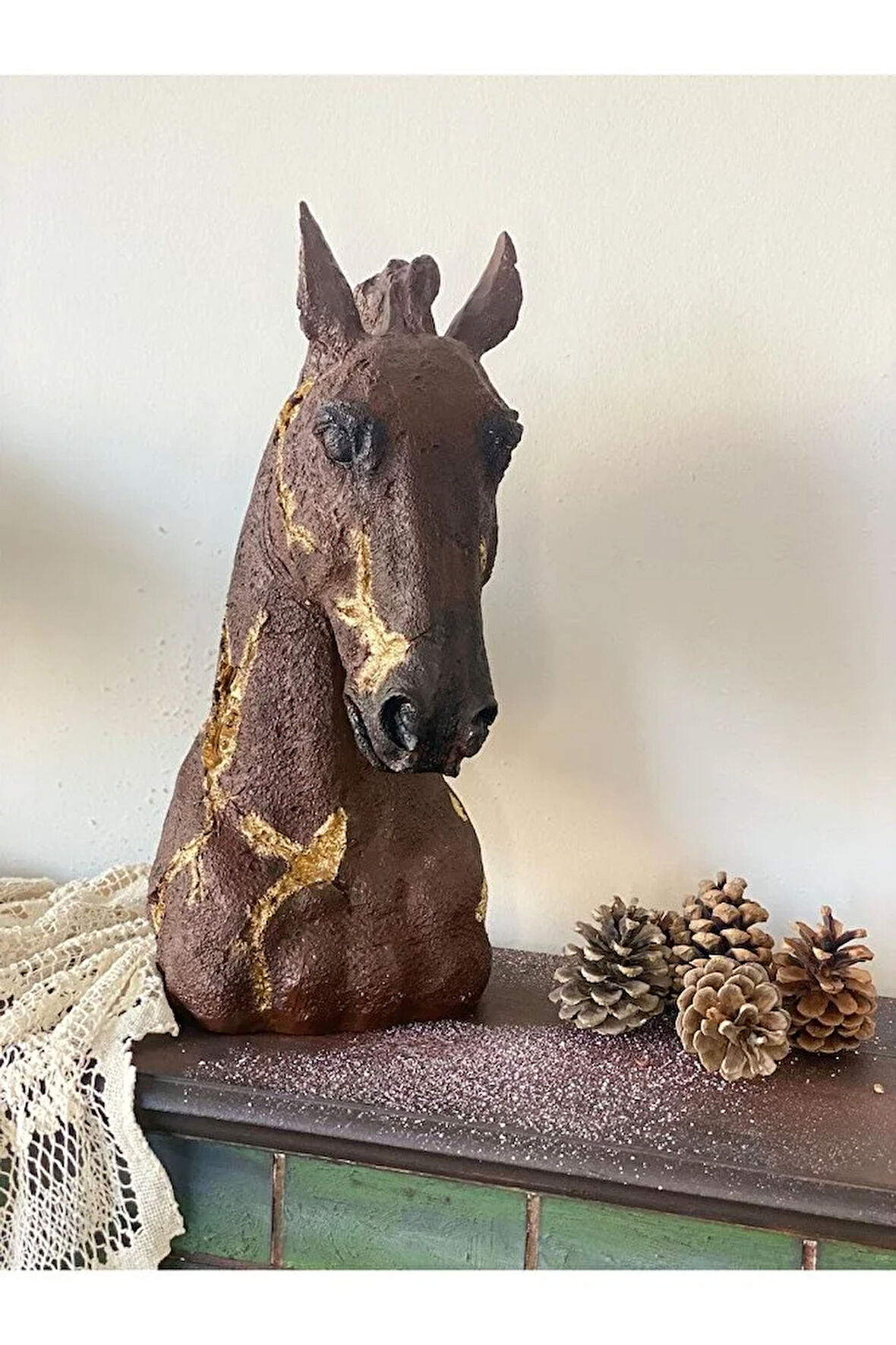 Dokulu At Kafası Heykeli, At Biblo, At Kafası Heykel Biblo, Kahve, Gold, Hayvan Biblo, Heykel