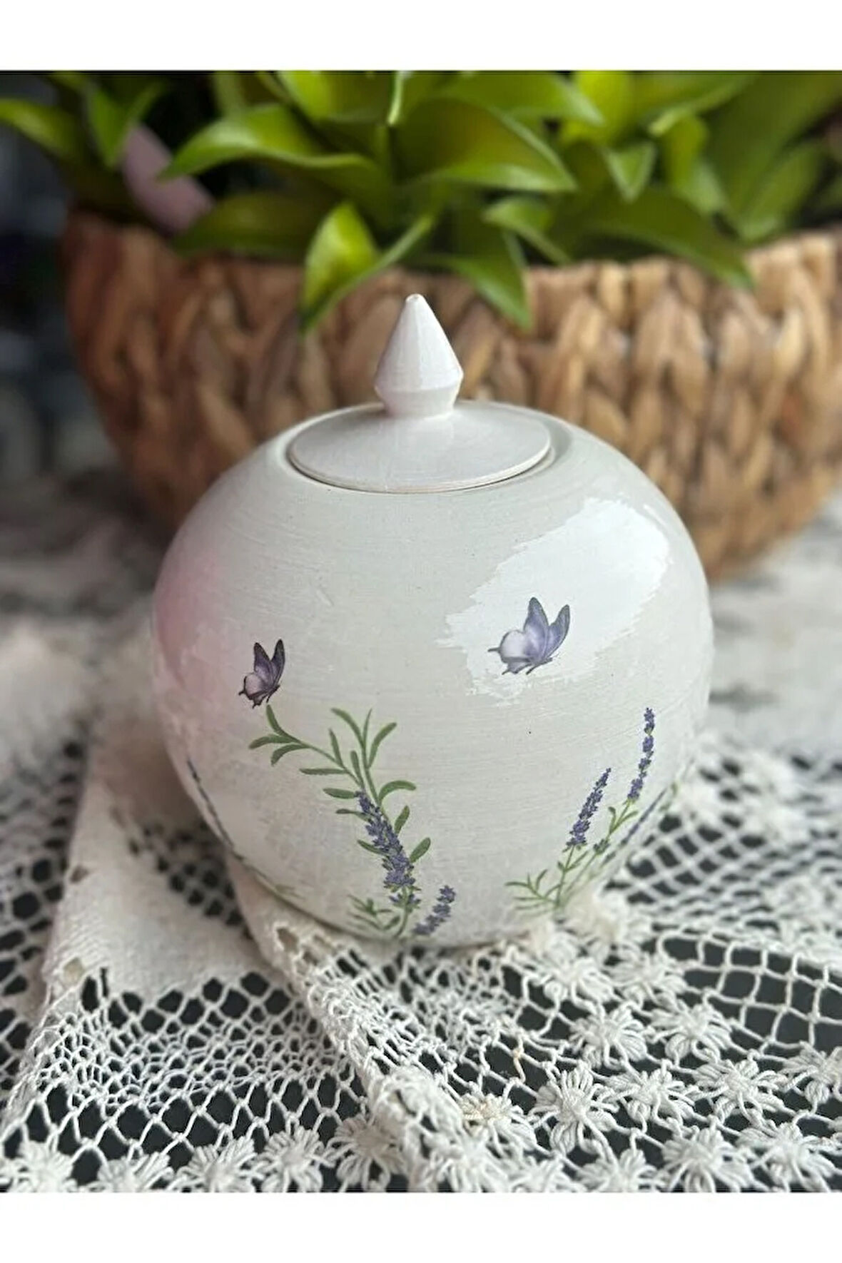 Lavanta Desenli Seramik Küre Vazo 15 cm çap