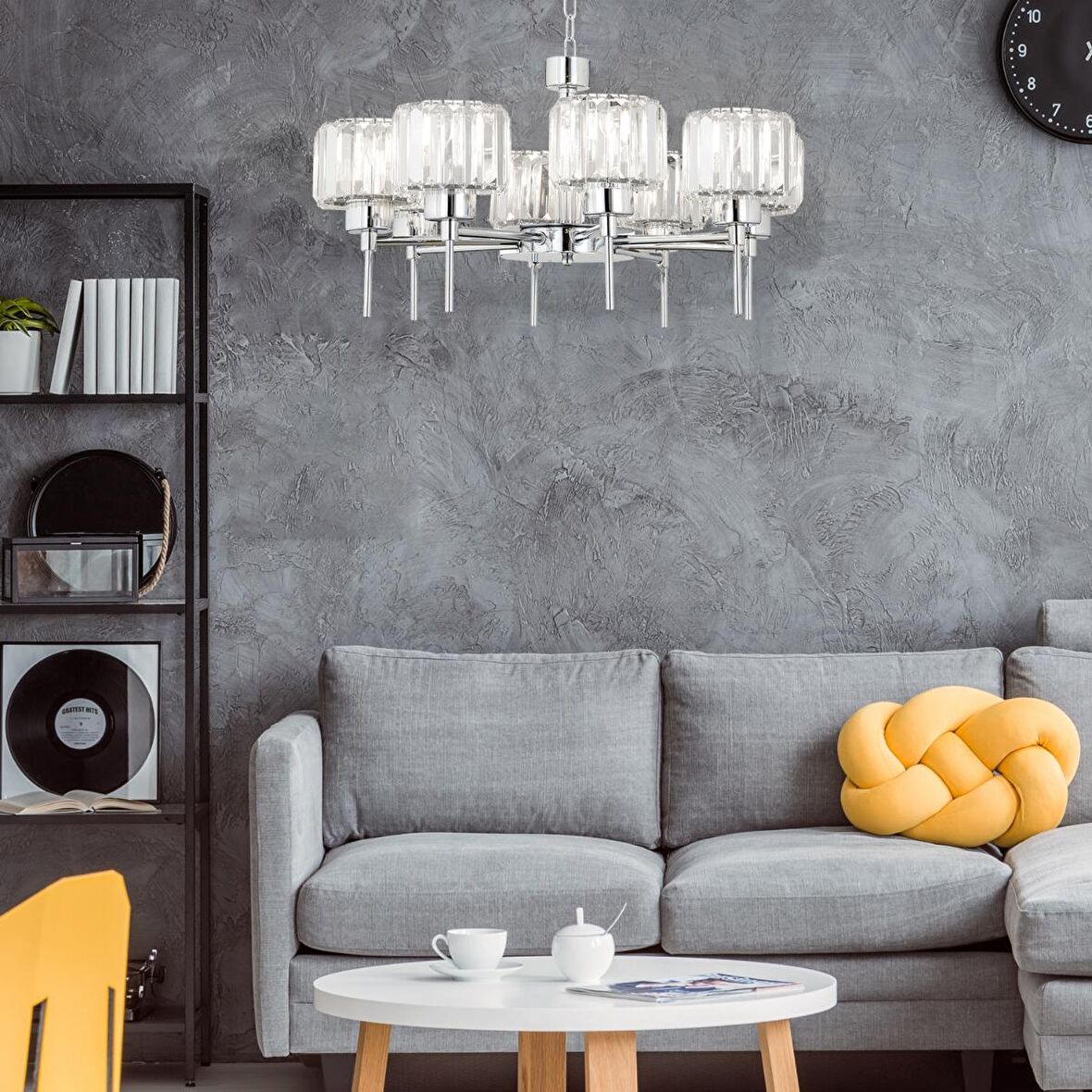 Sadem 8'Li Krom Kristalli Taşlı Modern Tasarım Salon-Yatak Odası Kristal Salon Avize