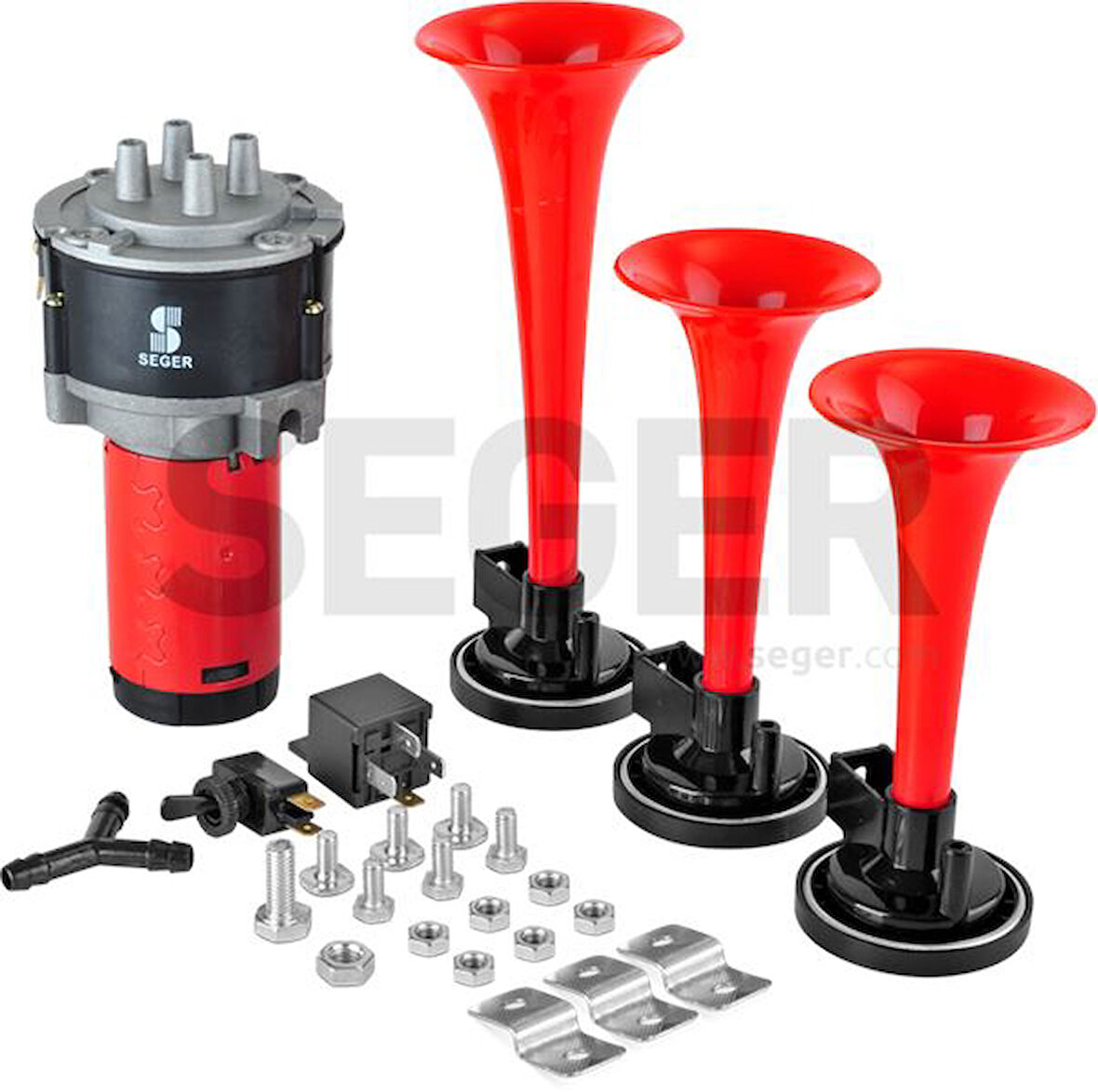 12V ÜÇLÜ KORNA KOMPRESÖRLÜ KIRMIZI BORULU