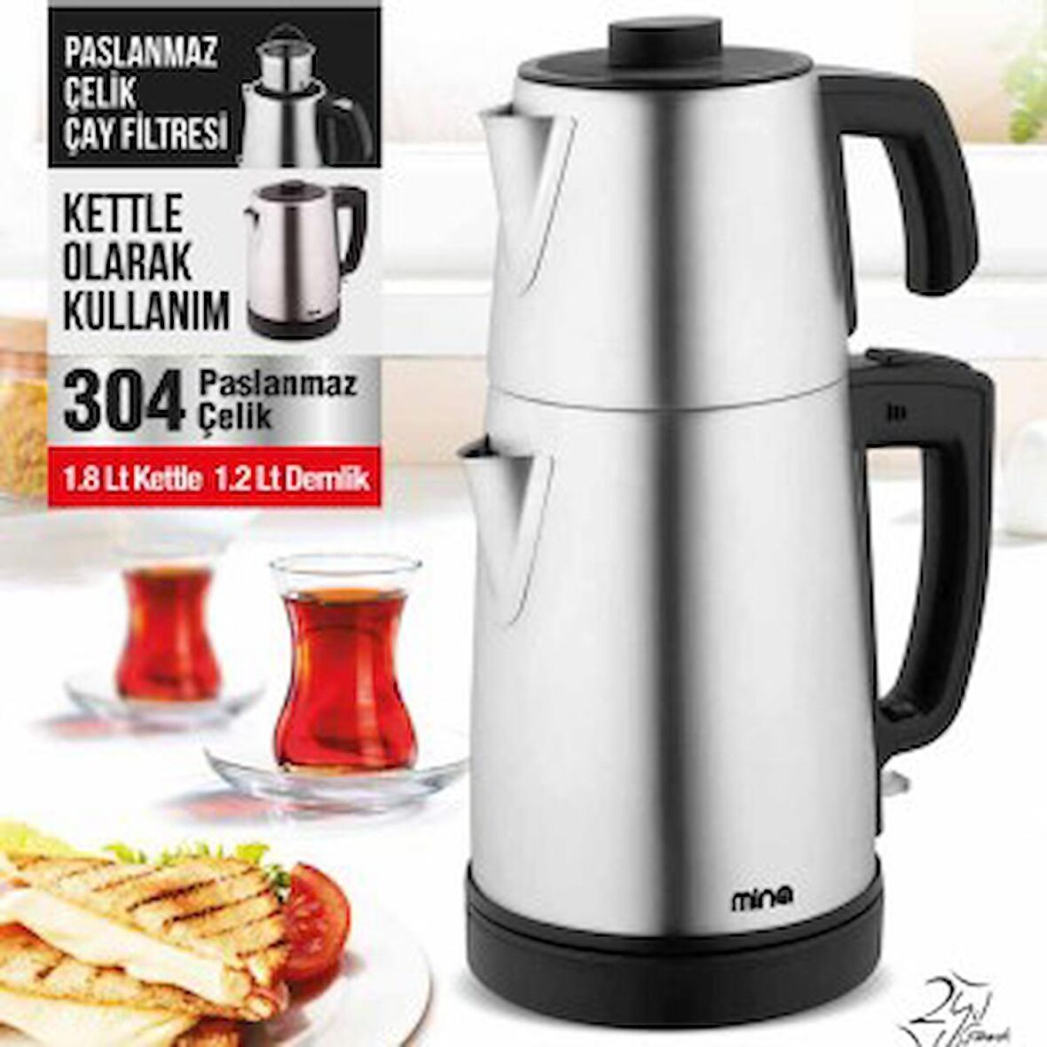Mina Tiryaki Çaycı Inox Paslanmaz Çelik Elektrikli Çay Makinesi + Kettle Çaydanlık