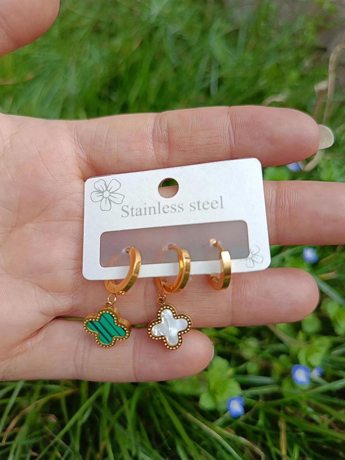 Luna Jewelry Kadın Mineli Yonca Model 3'lü 316 L Çelik Küpe Seti