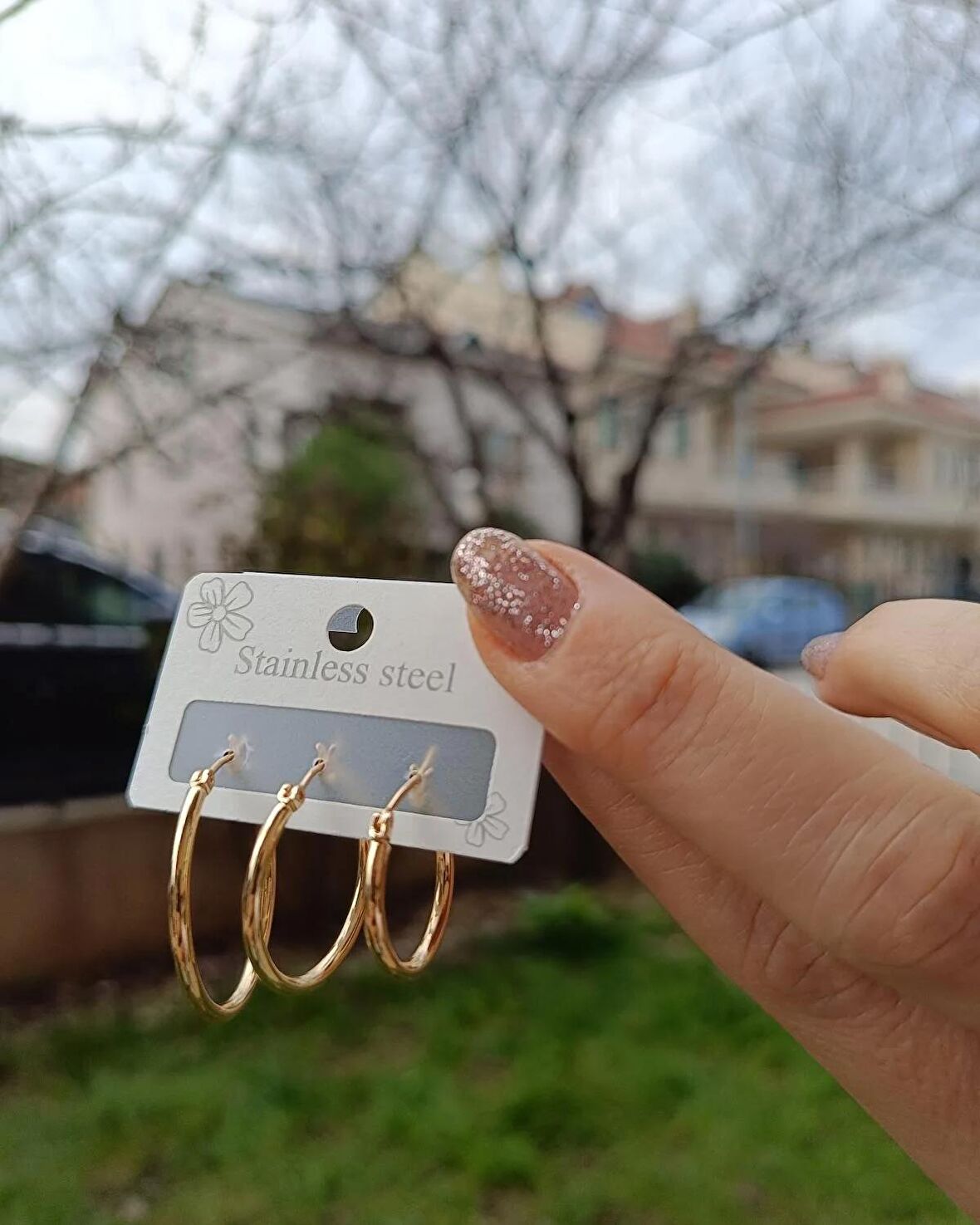 Luna Jewelry Kadın Zarif 316 L Çelik Altın Renkli 3'lü Halka Küpe Seti