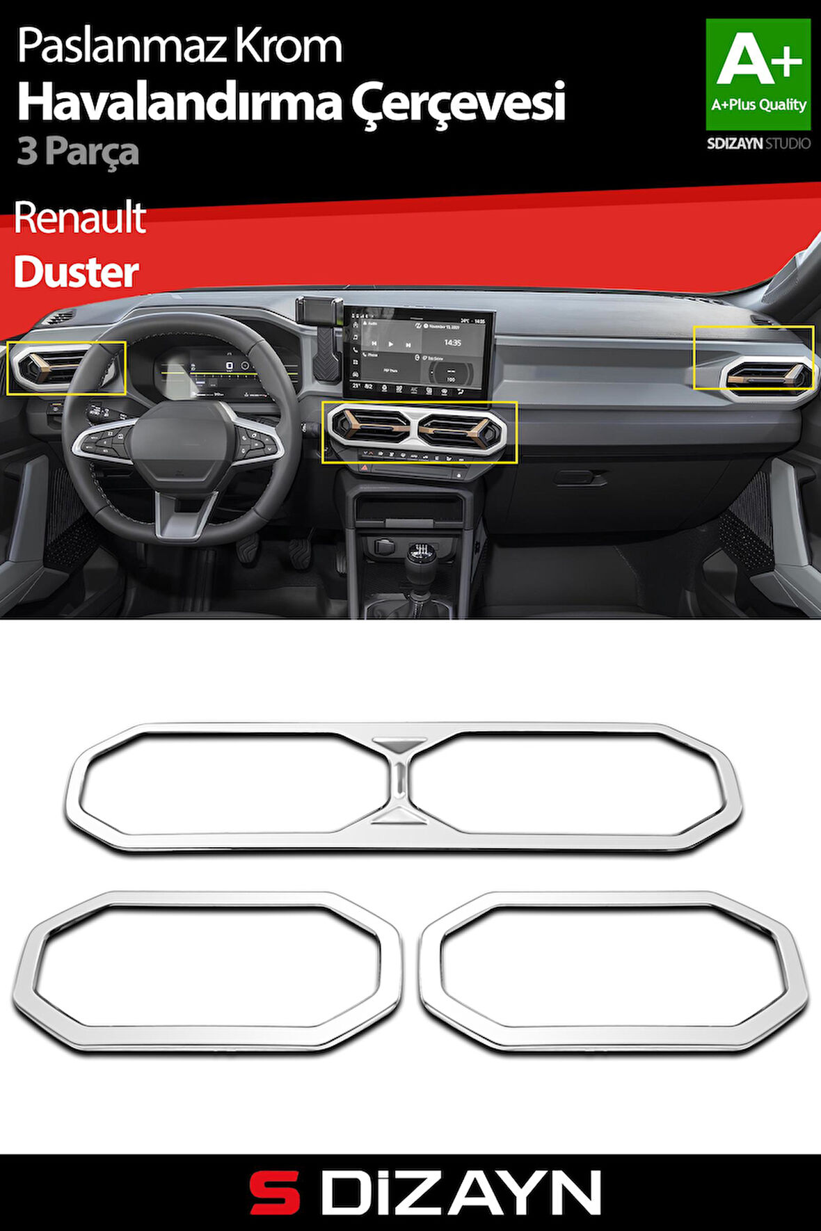 S-Dizayn Renault Duster Krom Havalandırma Çerçevesi 3 Prç. 2024 Üzeri A+ Kalite