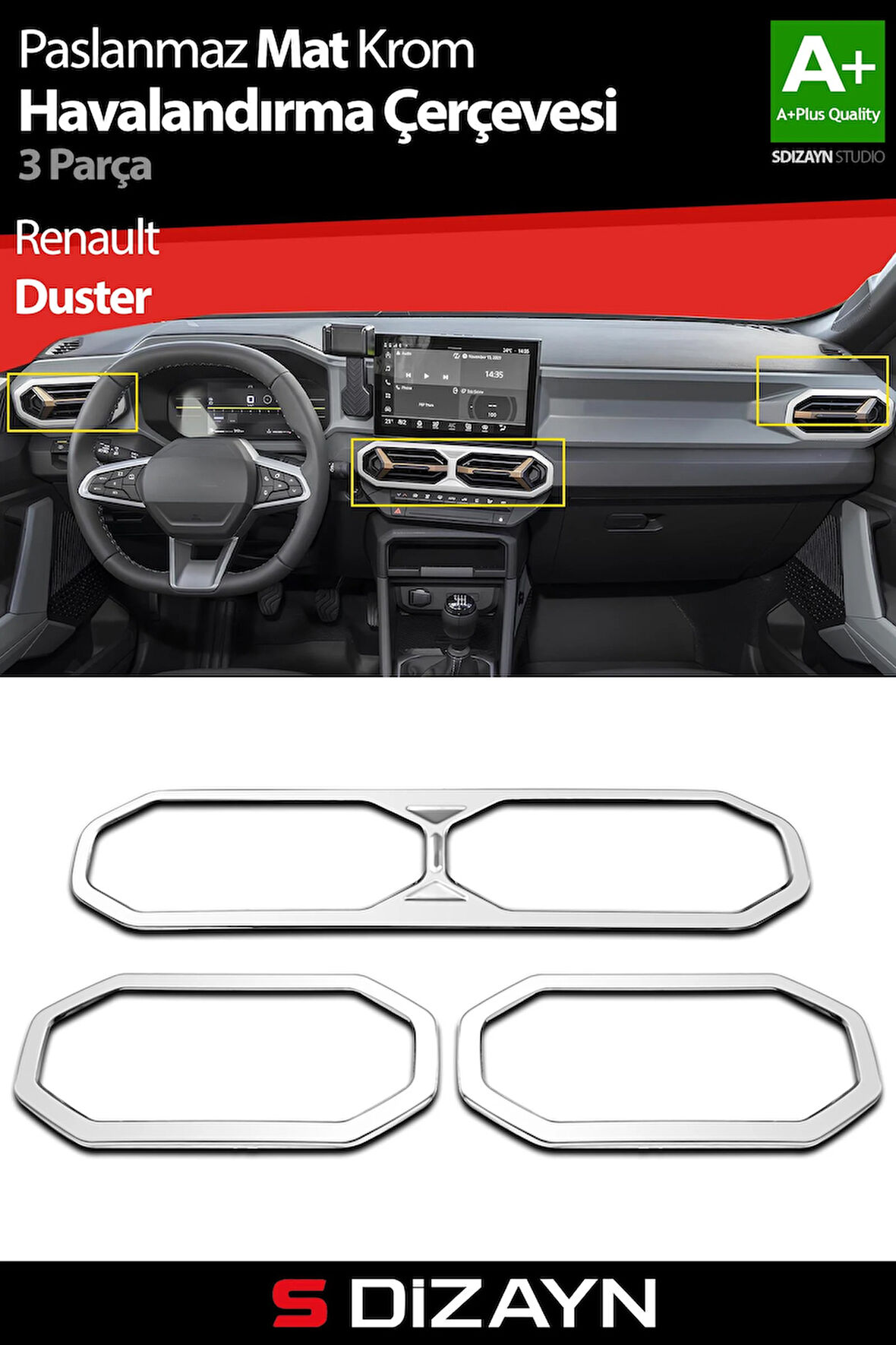 S-Dizayn Renault Duster Krom Havalandırma Çerçevesi 3 Prç. 2024 Üzeri (Mat Krom) A+ Kalite