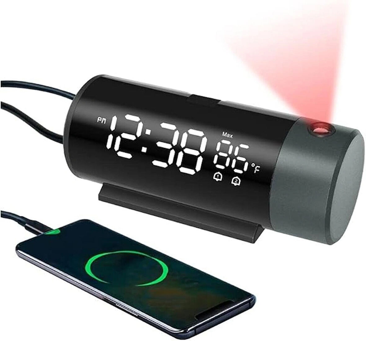 TechTic Projeksiyon Saat Silindir 180° Çift Alarm Sıcaklık-Saat Yansıtmalı Çalar Saat Telefon Şarjı