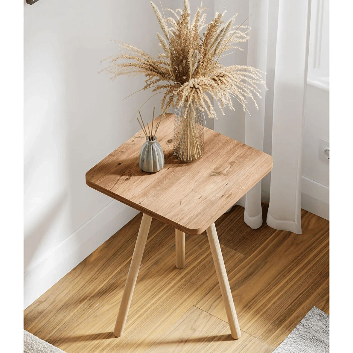 Reyo Kare Yan Sehpa Ahşap Ayaklı Tekli Zigon Sehpa Atlantik Çam