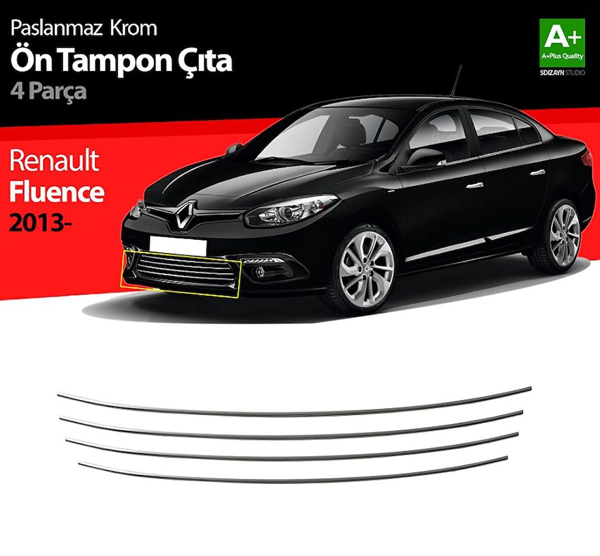 S-Dizayn Renault Fluence Krom Ön Tampon Çıtası 4 Prç. 2013 Üzeri Makyajlı
