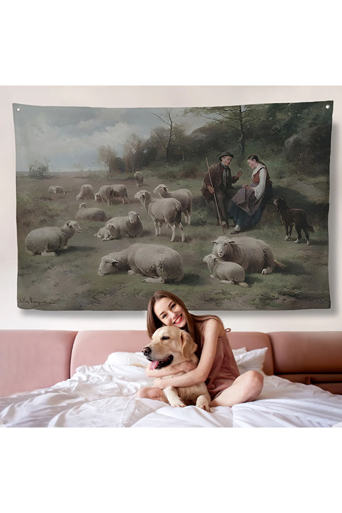 Cornelis van Leemputten Schaferpaar mit Herde Duvar Örtüsü-7006