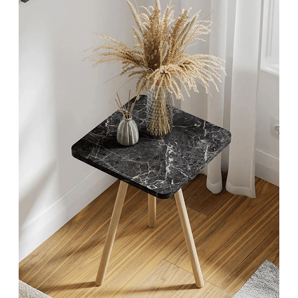 Reyo Kare Yan Sehpa Ahşap Ayaklı Tekli Zigon Sehpa Siyah Mermer