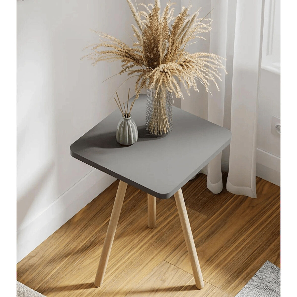 Reyo Kare Yan Sehpa Ahşap Ayaklı Tekli Zigon Sehpa Gri