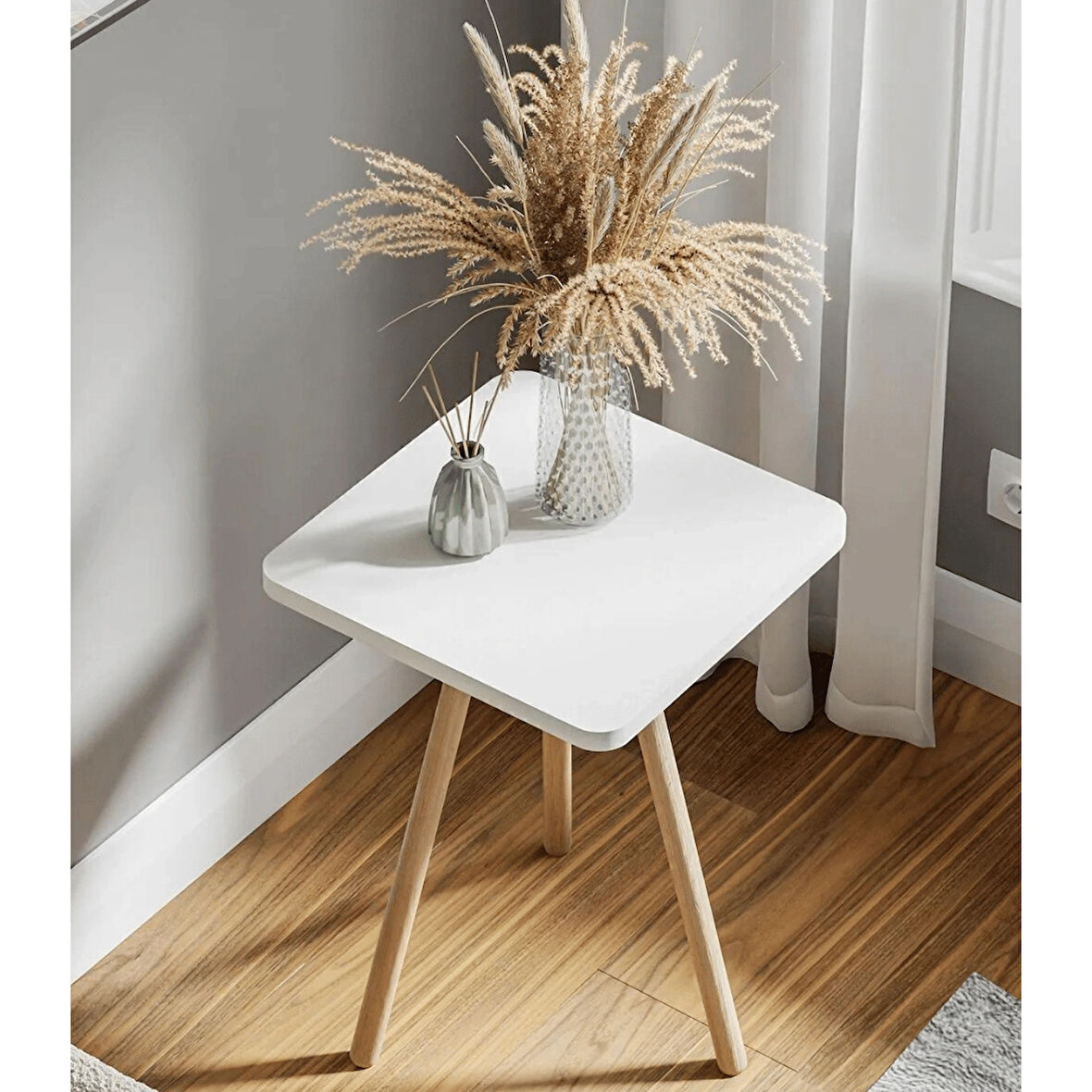 Reyo Kare Yan Sehpa Ahşap Ayaklı Tekli Zigon Sehpa Beyaz