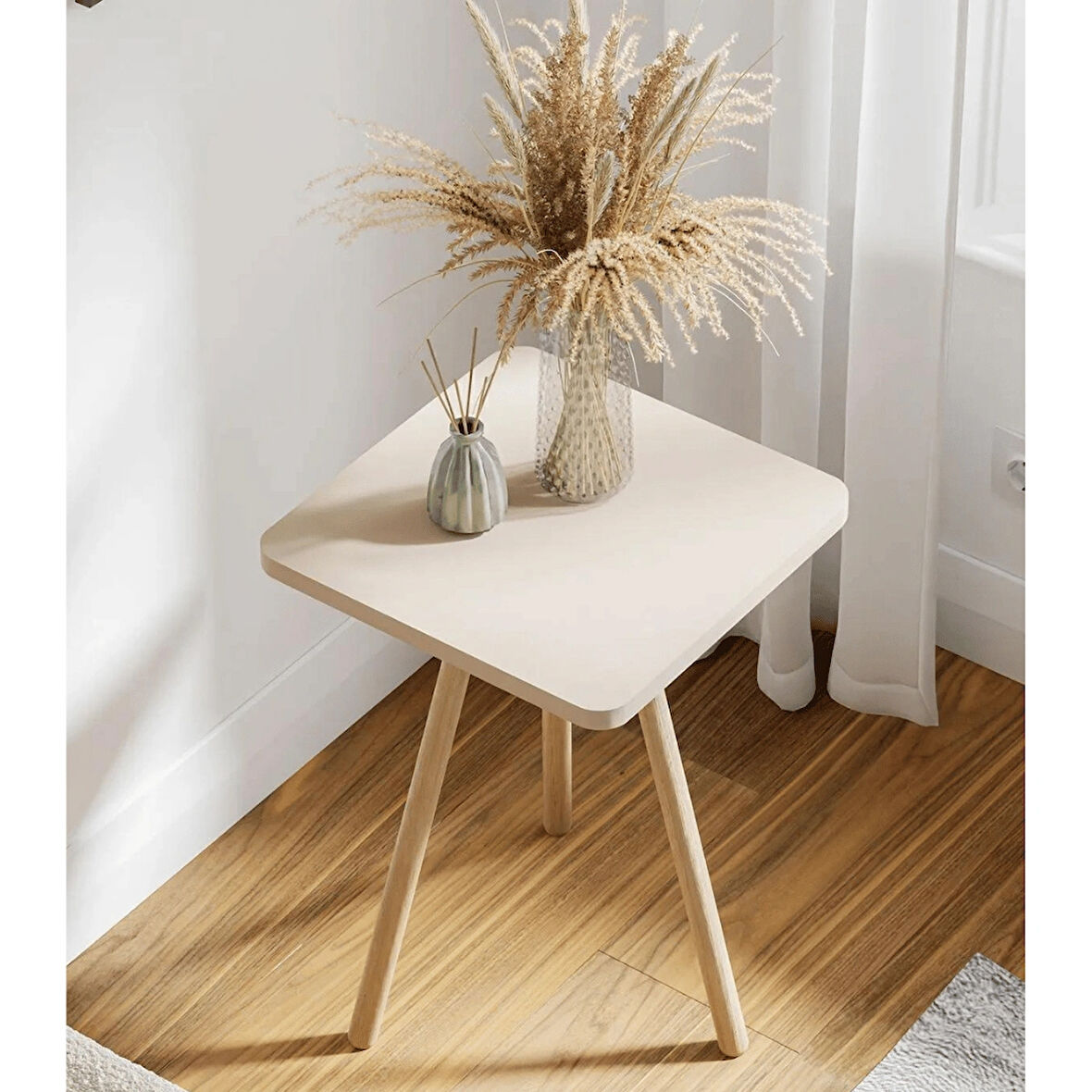 Reyo Kare Yan Sehpa Ahşap Ayaklı Tekli Zigon Sehpa Krem