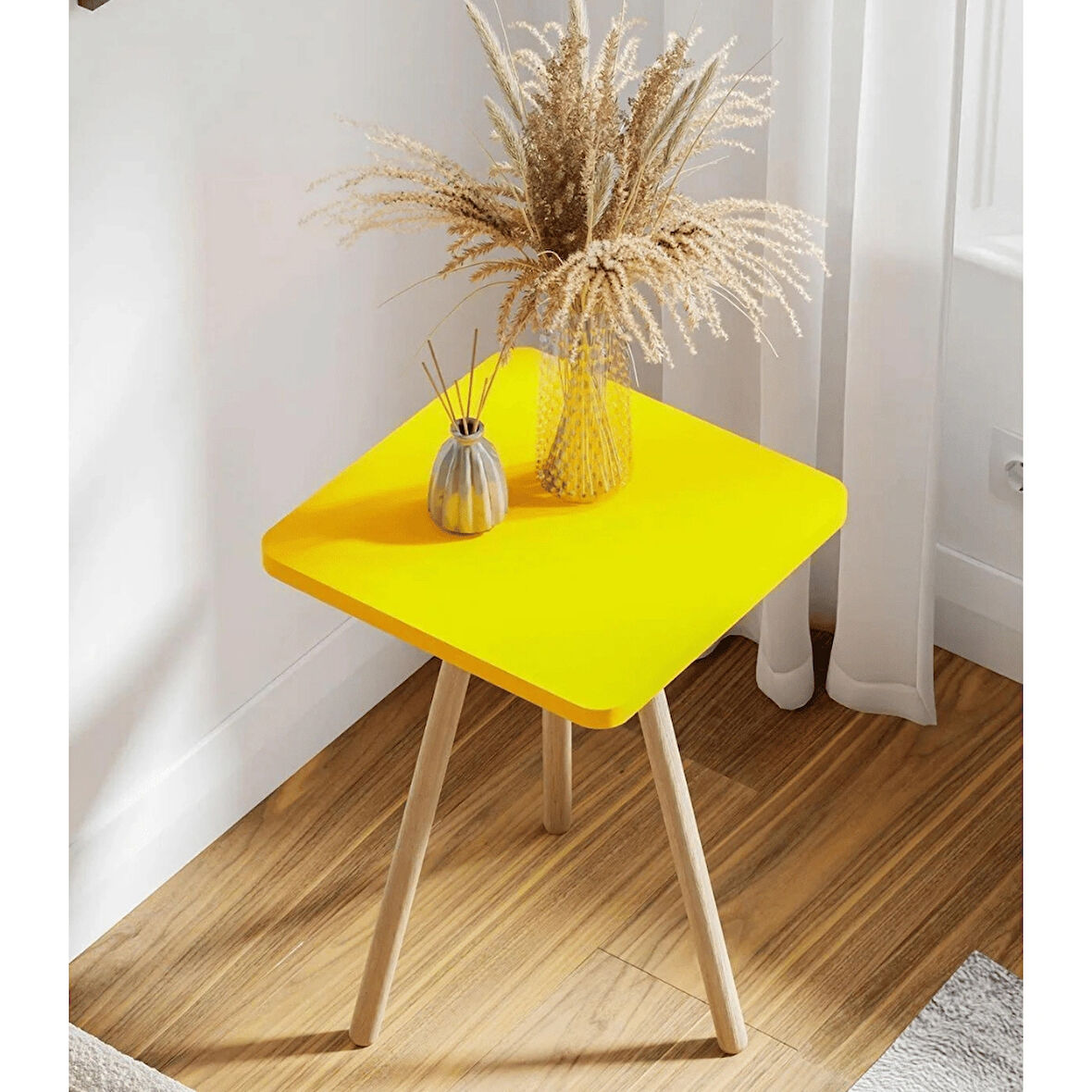 Reyo Kare Yan Sehpa Ahşap Ayaklı Tekli Zigon Sehpa Sarı