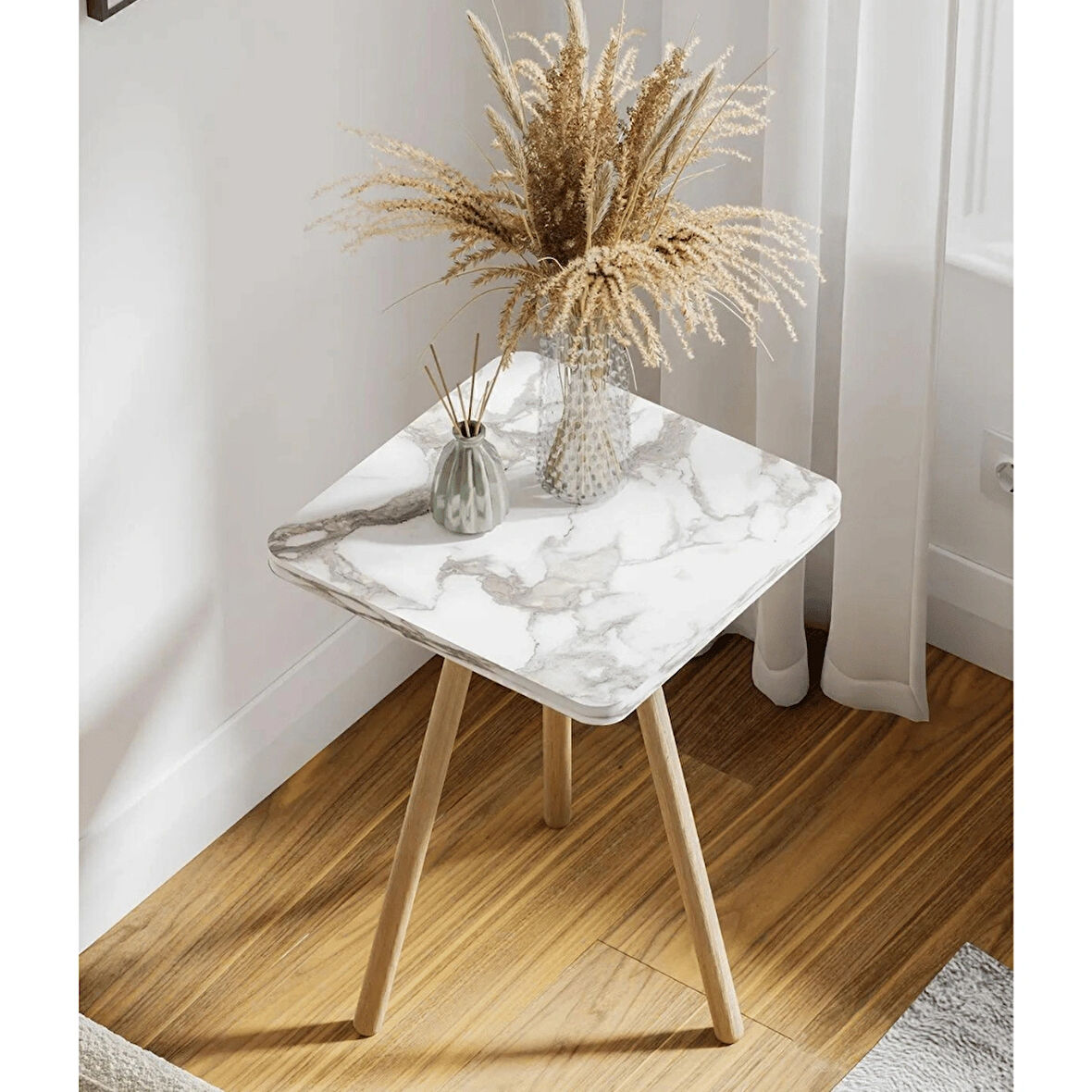 Reyo Kare Yan Sehpa Ahşap Ayaklı Tekli Zigon Sehpa Beyaz Mermer