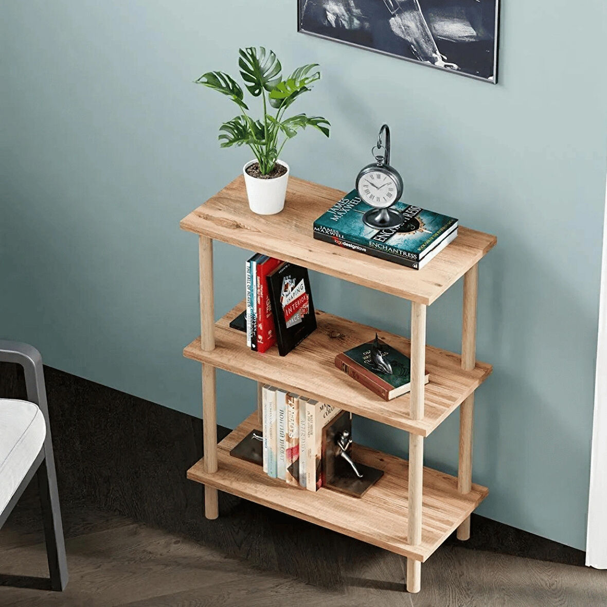Reyo Dekoratif 3 Raflı Ahşap Ayaklı Kitaplık Yan Sehpa Beyaz