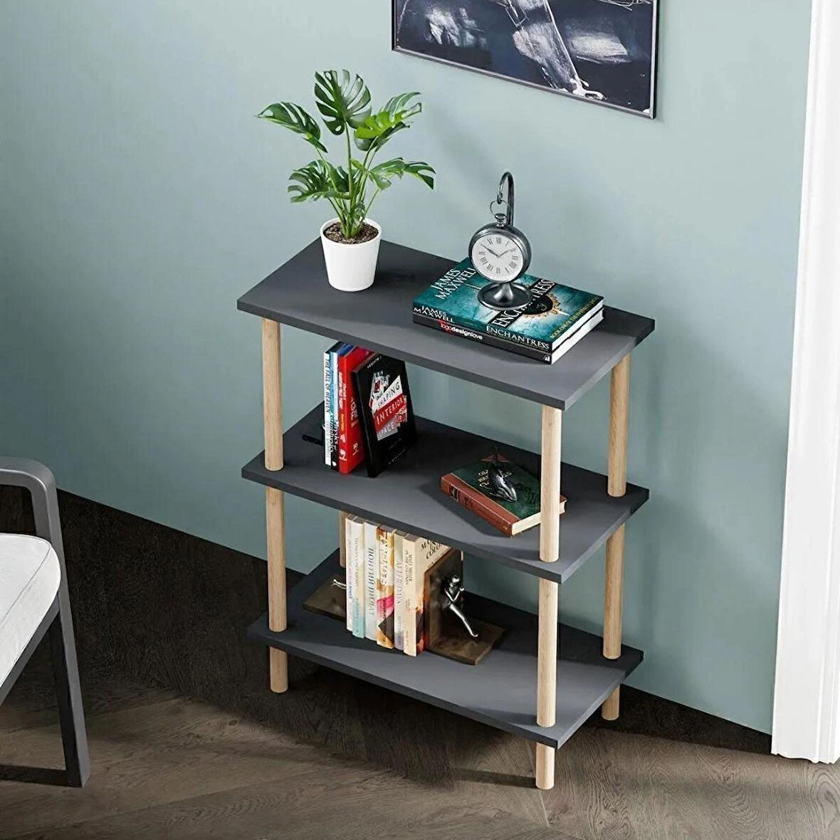 Reyo Dekoratif 3 Raflı Ahşap Ayaklı Kitaplık Yan Sehpa Gri