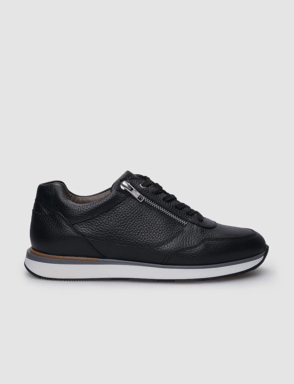 %100 Hakiki Deri Siyah Bağcıklı ve Fermuarlı Erkek Sneaker