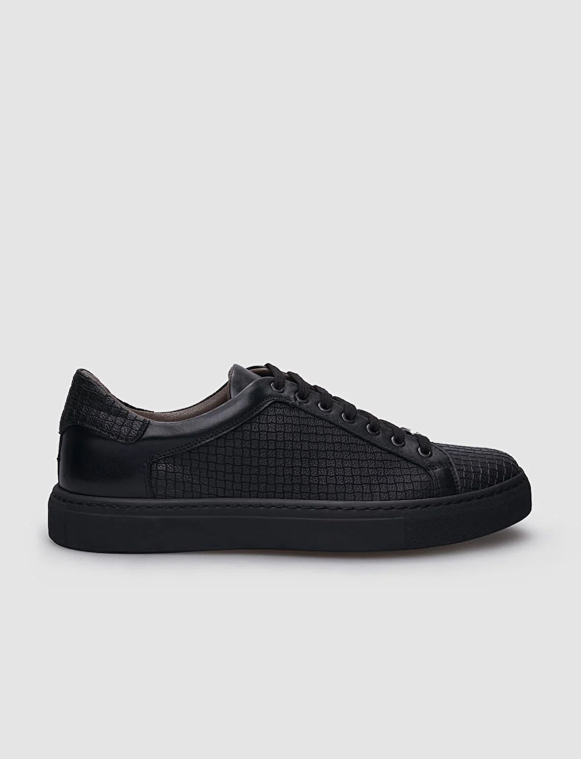 %100 Hakiki Deri Siyah Bağcıklı Desenli Erkek Sneaker