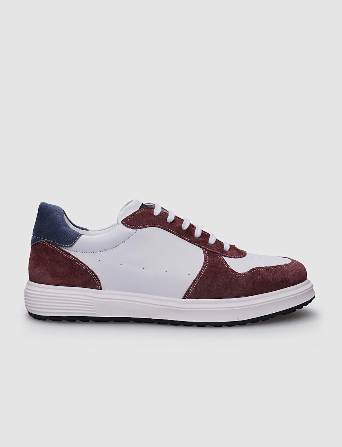 %100 Hakiki Deri Beyaz - Bordo Bağcıklı Erkek Sneaker