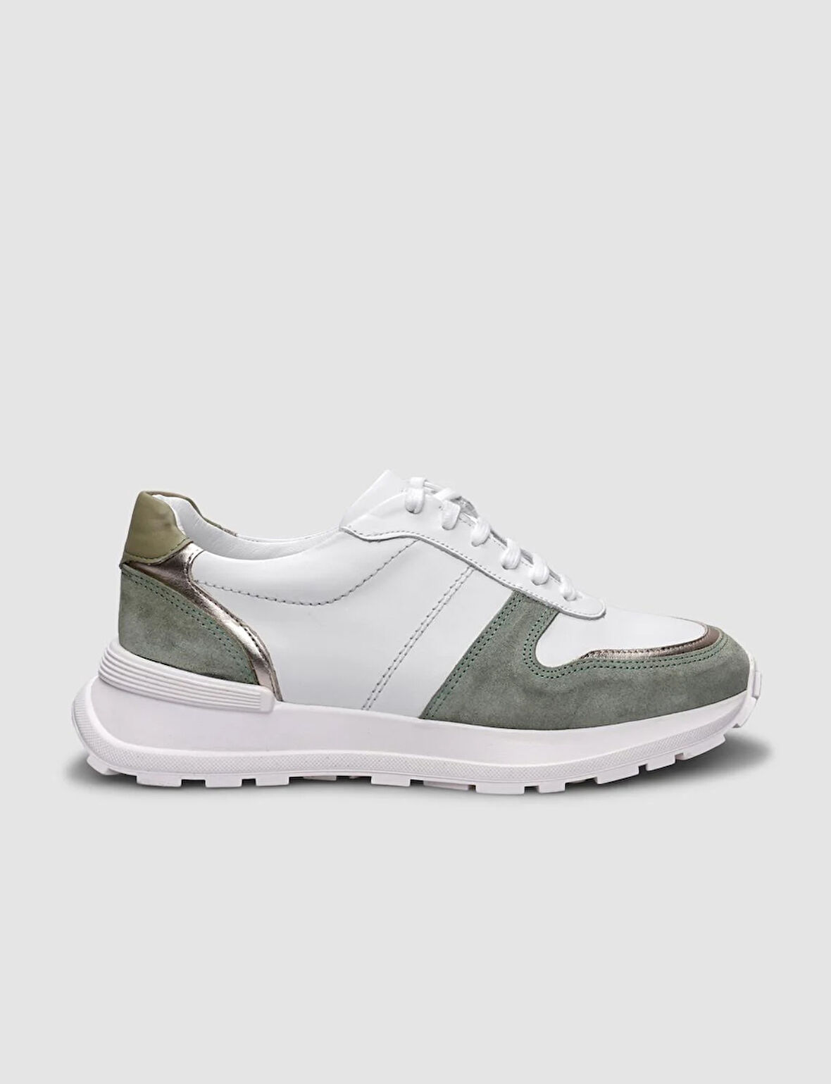 %100 Hakiki Deri Beyaz - Yeşil Bağcıklı Kadın Spor Ayakkabı