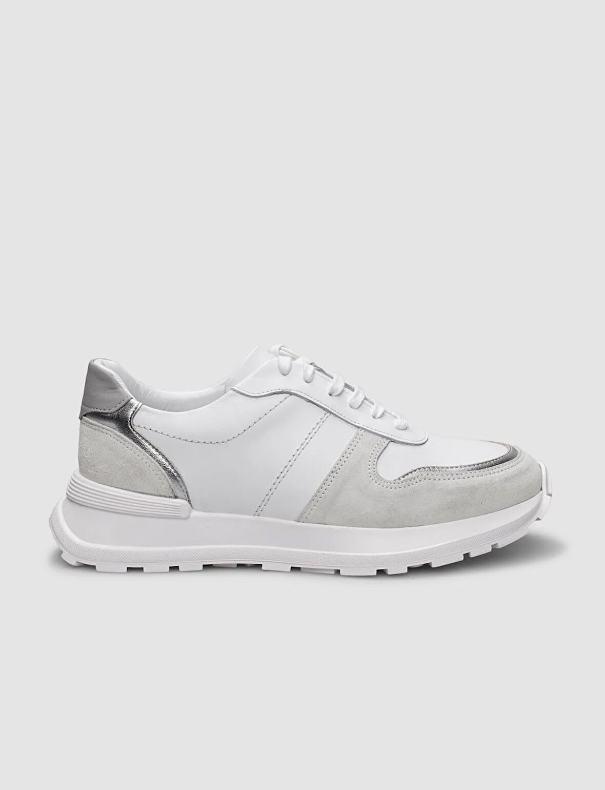 %100 Hakiki Deri Beyaz - Gümüş Bağcıklı Kadın Spor Ayakkabı