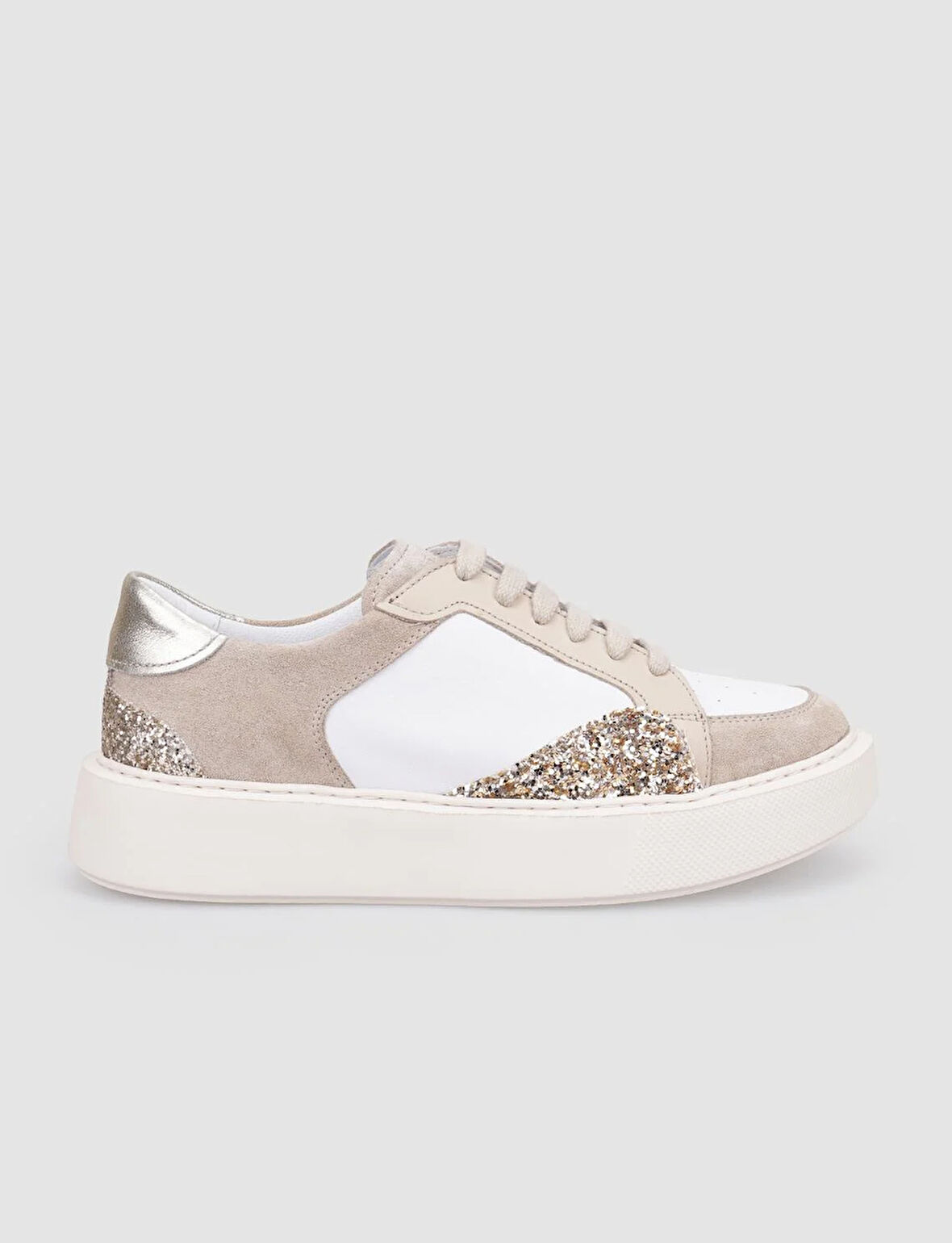 %100 Hakiki Deri Bej Sim Detaylı Bağcıklı Kadın Spor Ayakkabı