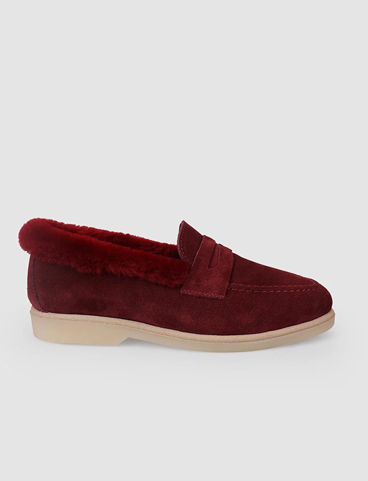 %100 Hakiki Deri Bordo Süet Kürklü Kadın Loafer