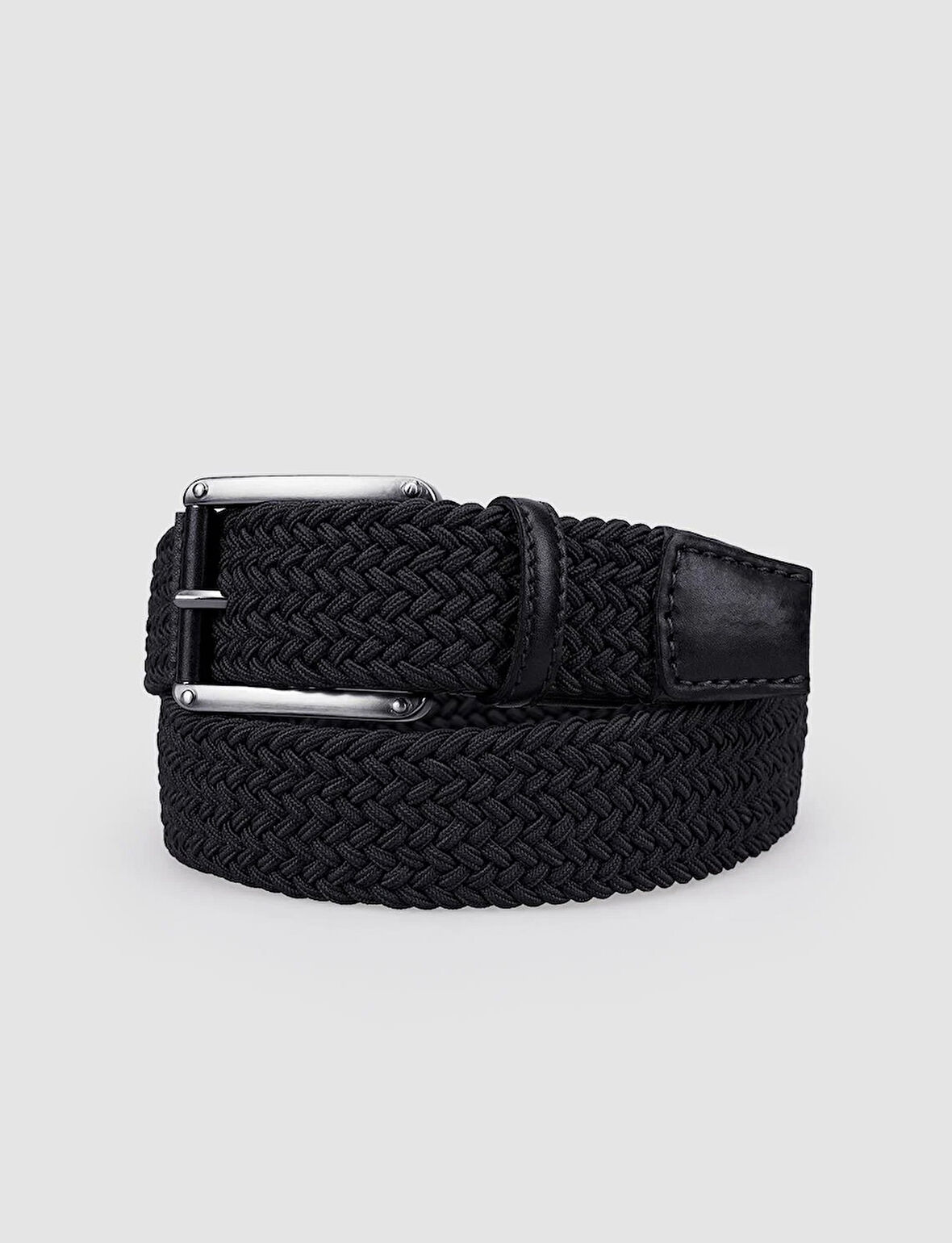 Cabani Triko Siyah Örgü Detaylı 4 cm Erkek Günlük Kemer