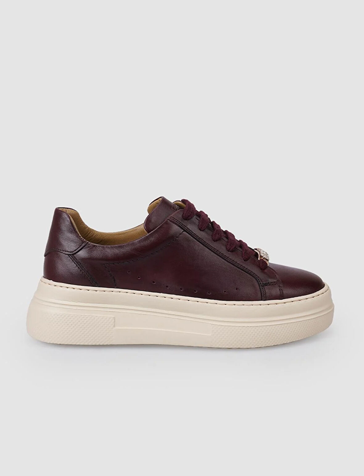 %100 Hakiki Deri Bordo Bağcıklı Kadın Sneaker