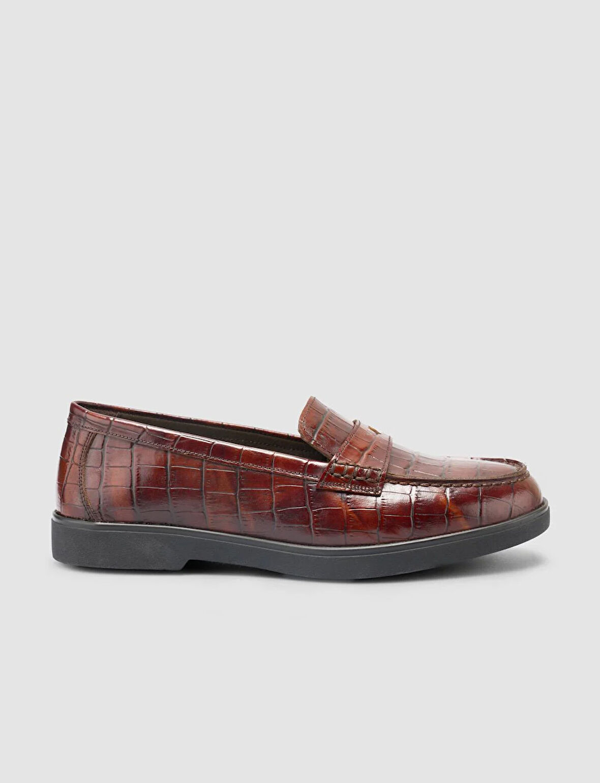 %100 Hakiki Deri Kahverengi Croco Desen Kadın Loafer