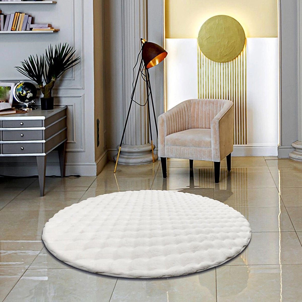 Rex Tavşanı Bubble Post Yuvarlak Halı Beyaz