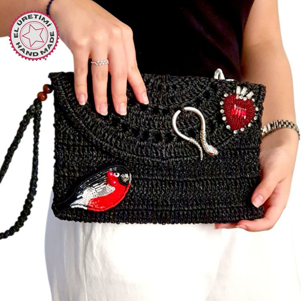 Uretti - Sümeyya 2589 7053 El Yapımı Boncuk İşlemeli ve Yılan Aksesuar Detaylı Kağıt İp Clutch Çanta