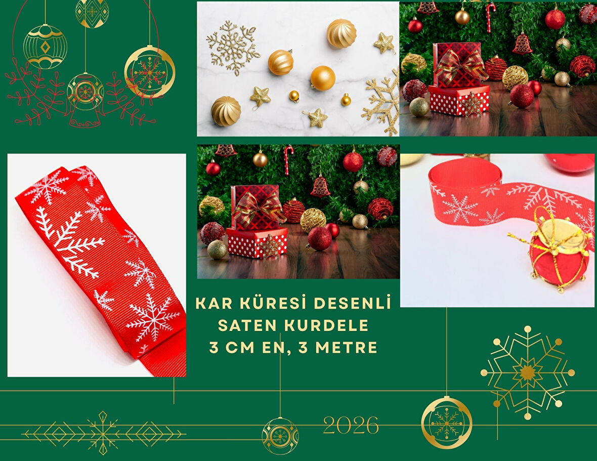 Kırmızı Çam Ağaçlı Desenli Kurdele 3 Metre